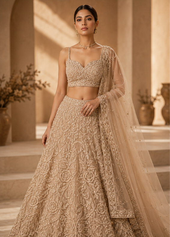 Beige Cording Net Readymade Lehenga