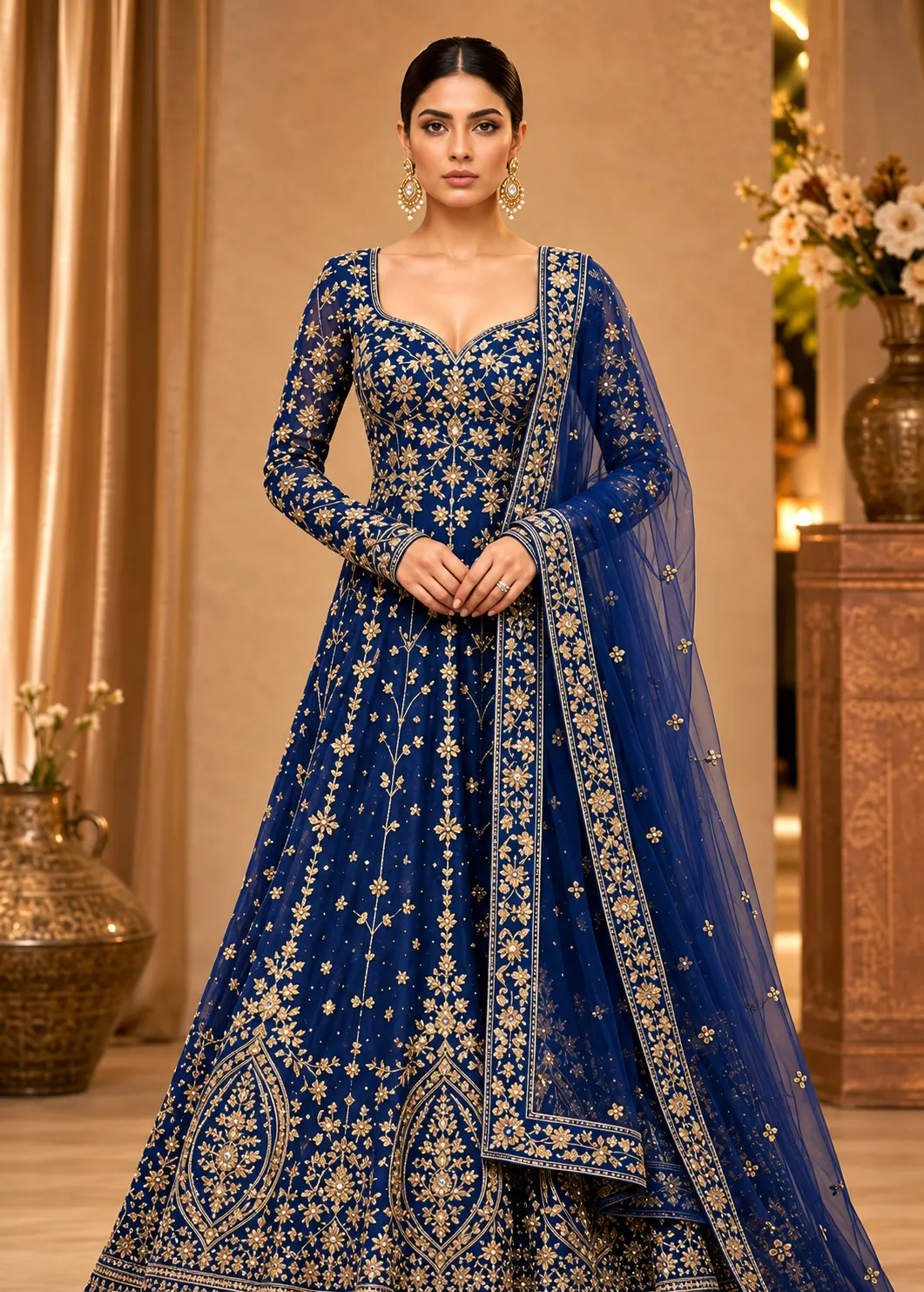 Navy Blue Zari work Net Semi-Stitched Lehenga