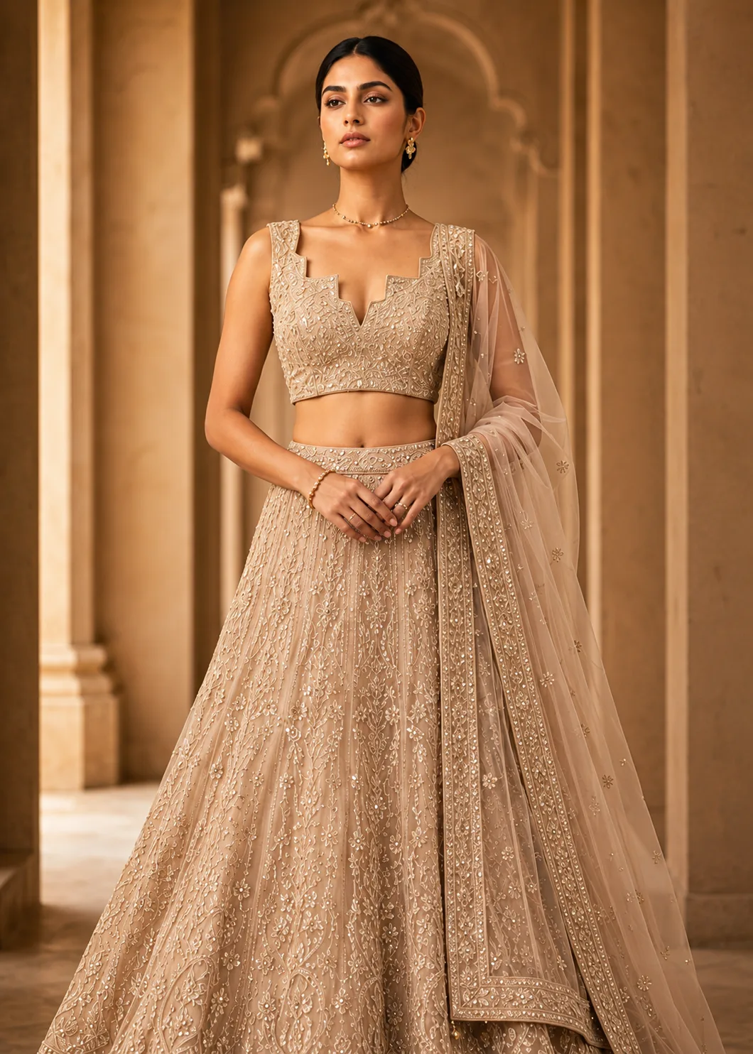 Beige Zariwork Net Readymade Lehenga