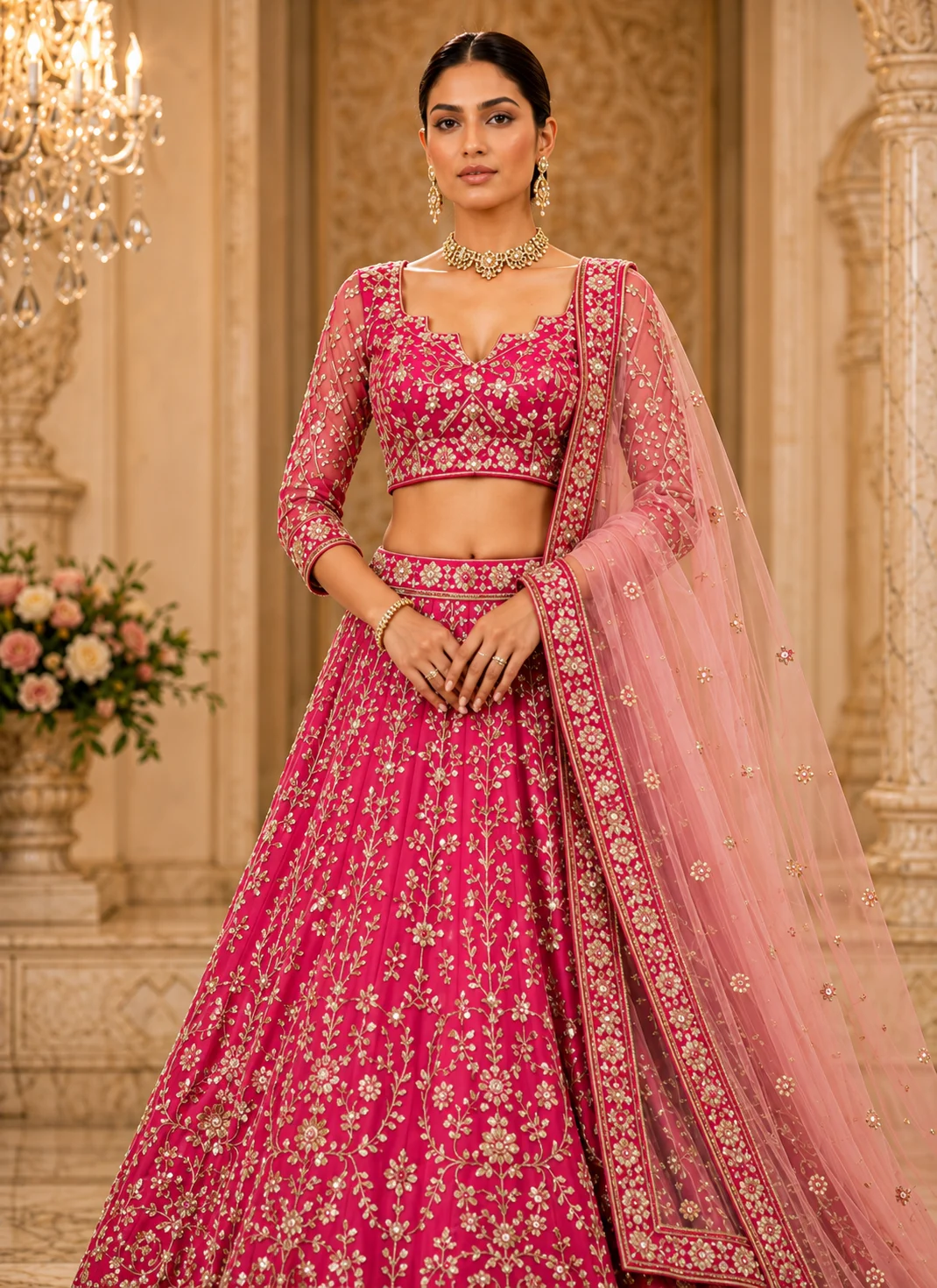 Rani Pink Zariwork Velvet Readymade Lehenga