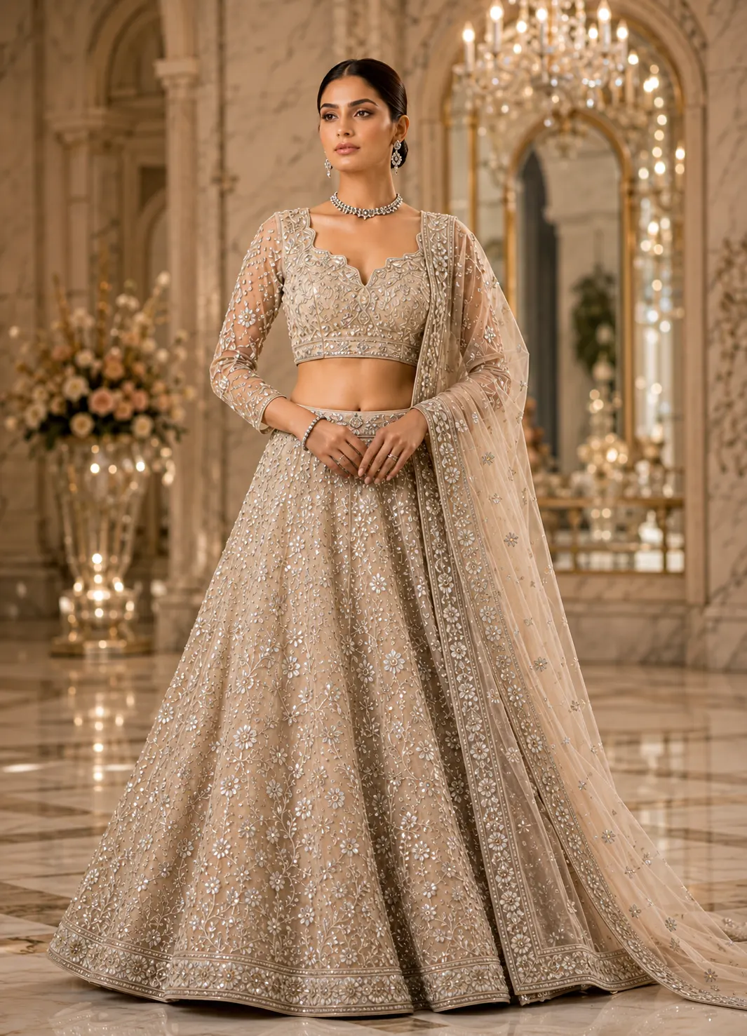 Beige Zariwork (Silver) Net Readymade Lehenga