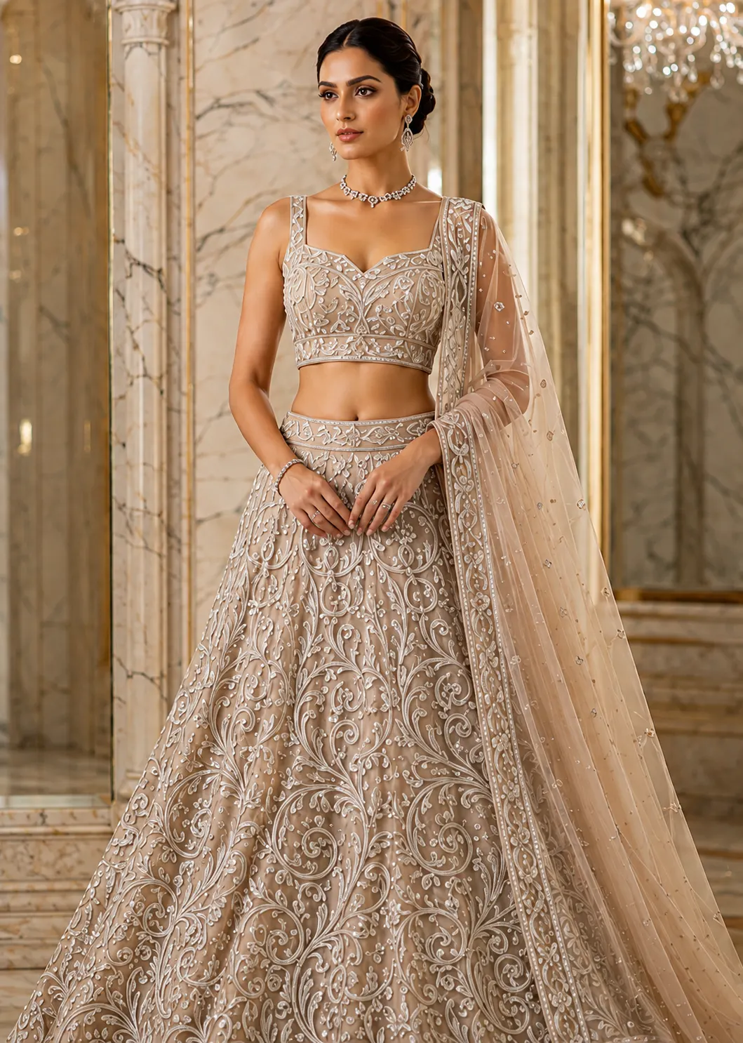 Beige Cording Net Semi-Stitched Lehenga