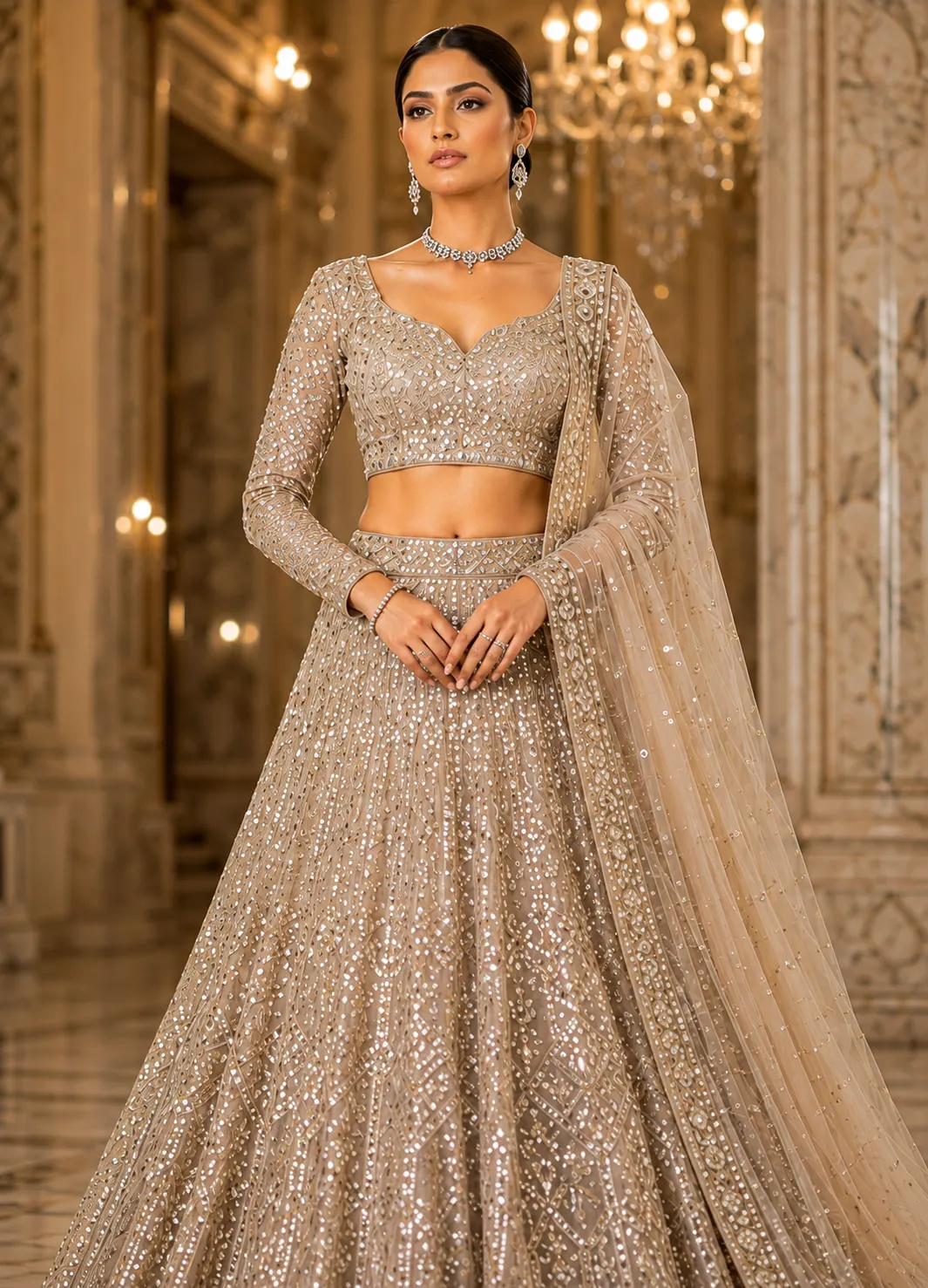 Beige Sequins Net Readymade Lehenga