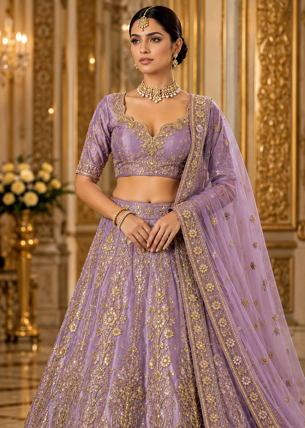 Lavender Zariwork Tissue Semi Stitched Lehenga