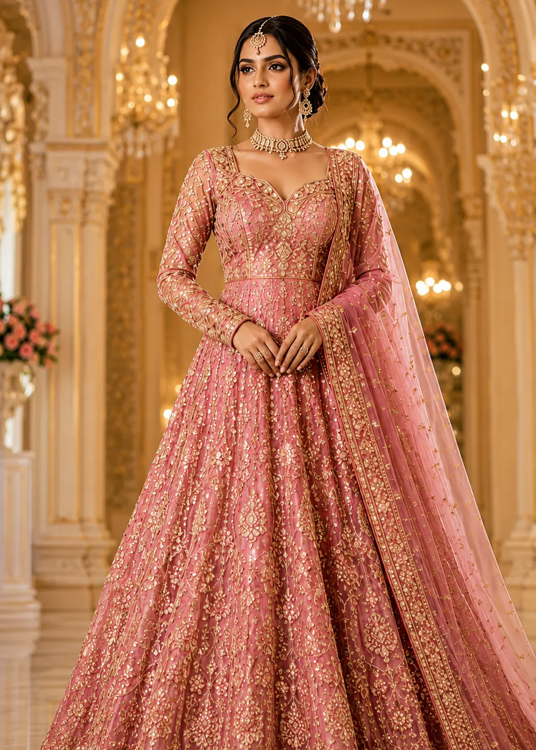 Onion Pink Sequins Net Readymade Lehenga