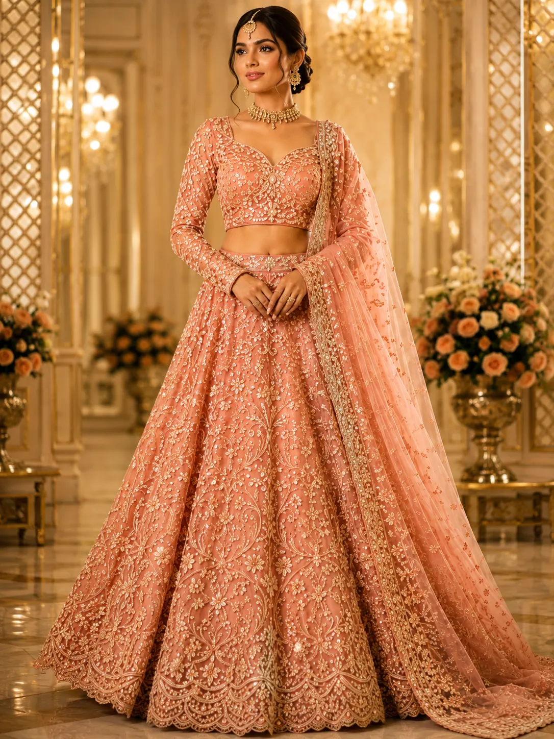 Peach Cording Net Readymade Lehenga