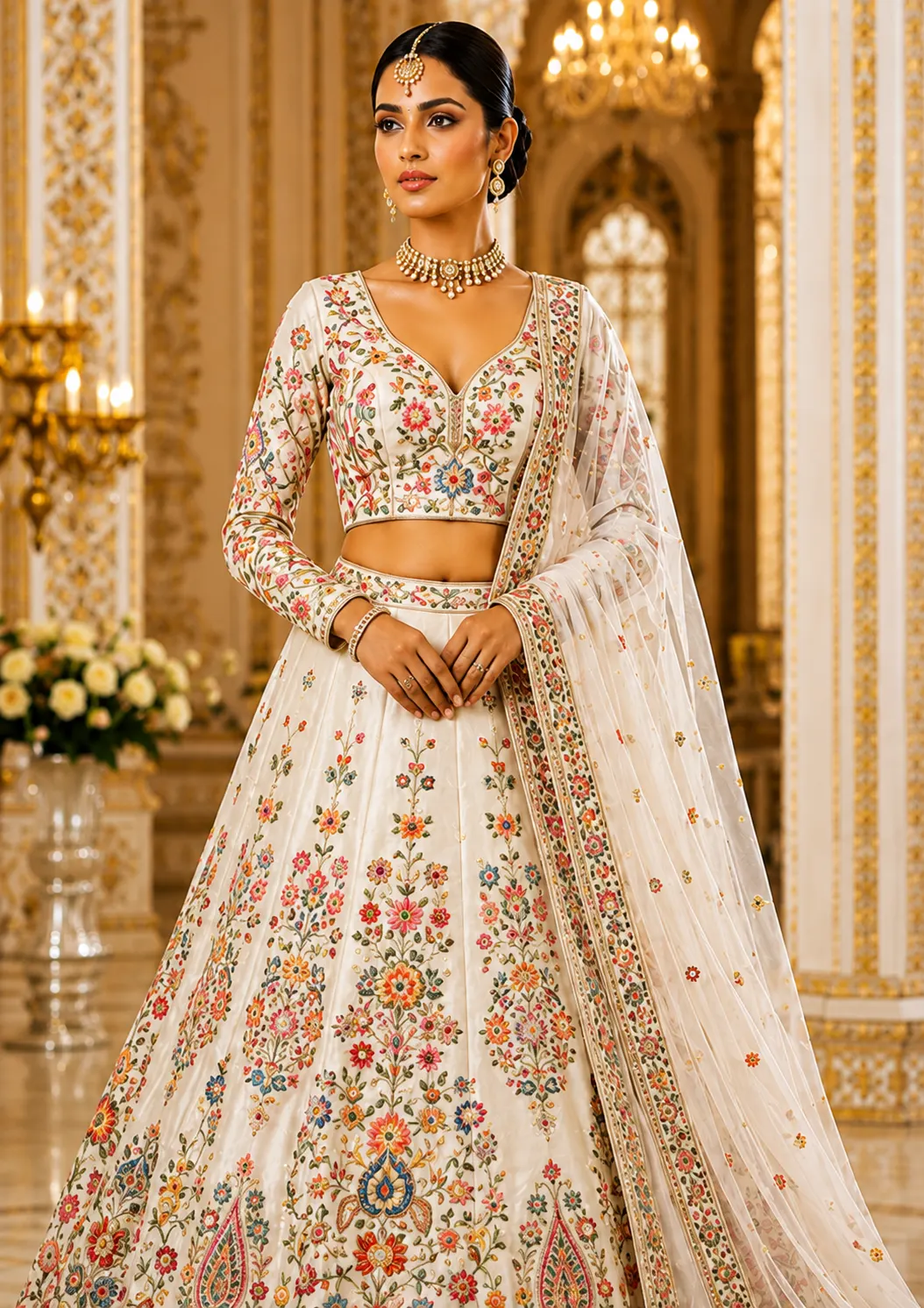 Cream Threadwork Raw Silk Readymade Lehenga