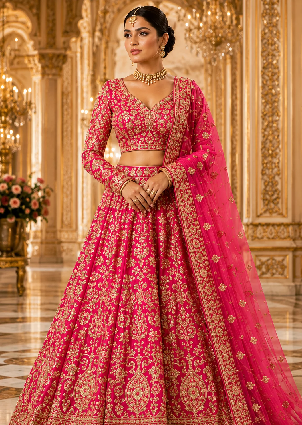 Rani Pink Zariwork (Gold) Net Readymade Lehenga