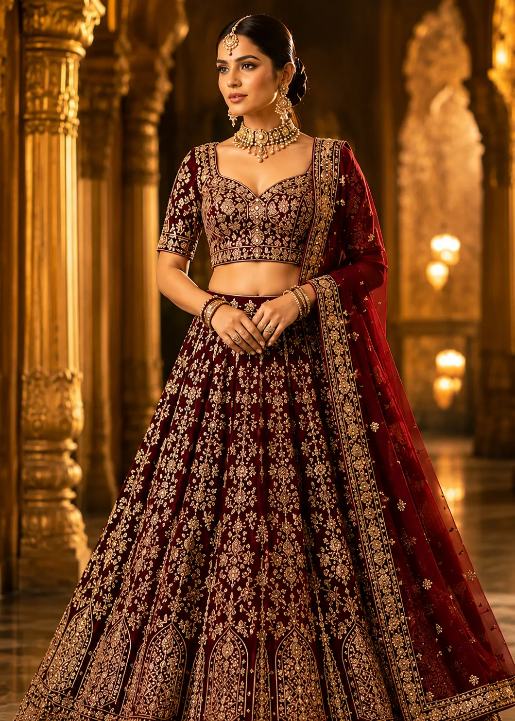 Maroon Zardosi Raw Silk Semi-Stitched Lehenga