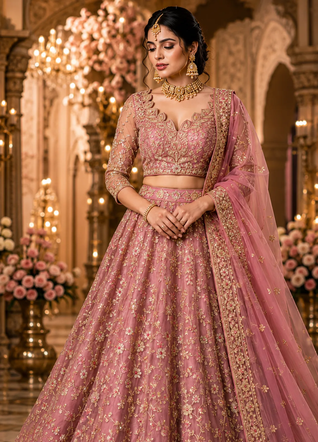 Pink Zariwork Net Semi Stitched Lehenga