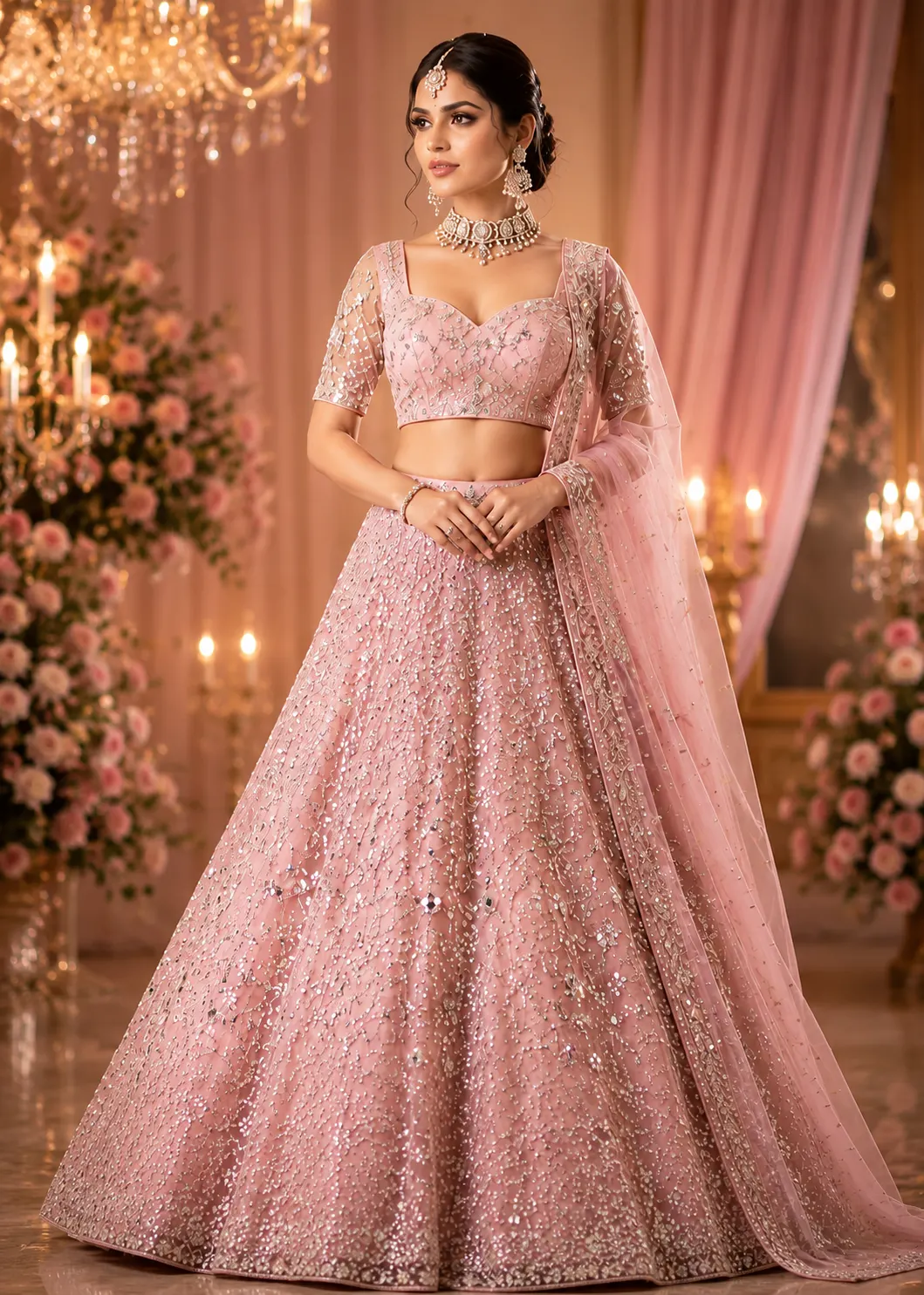Baby Pink Silver Stonework Net Readymade Lehenga