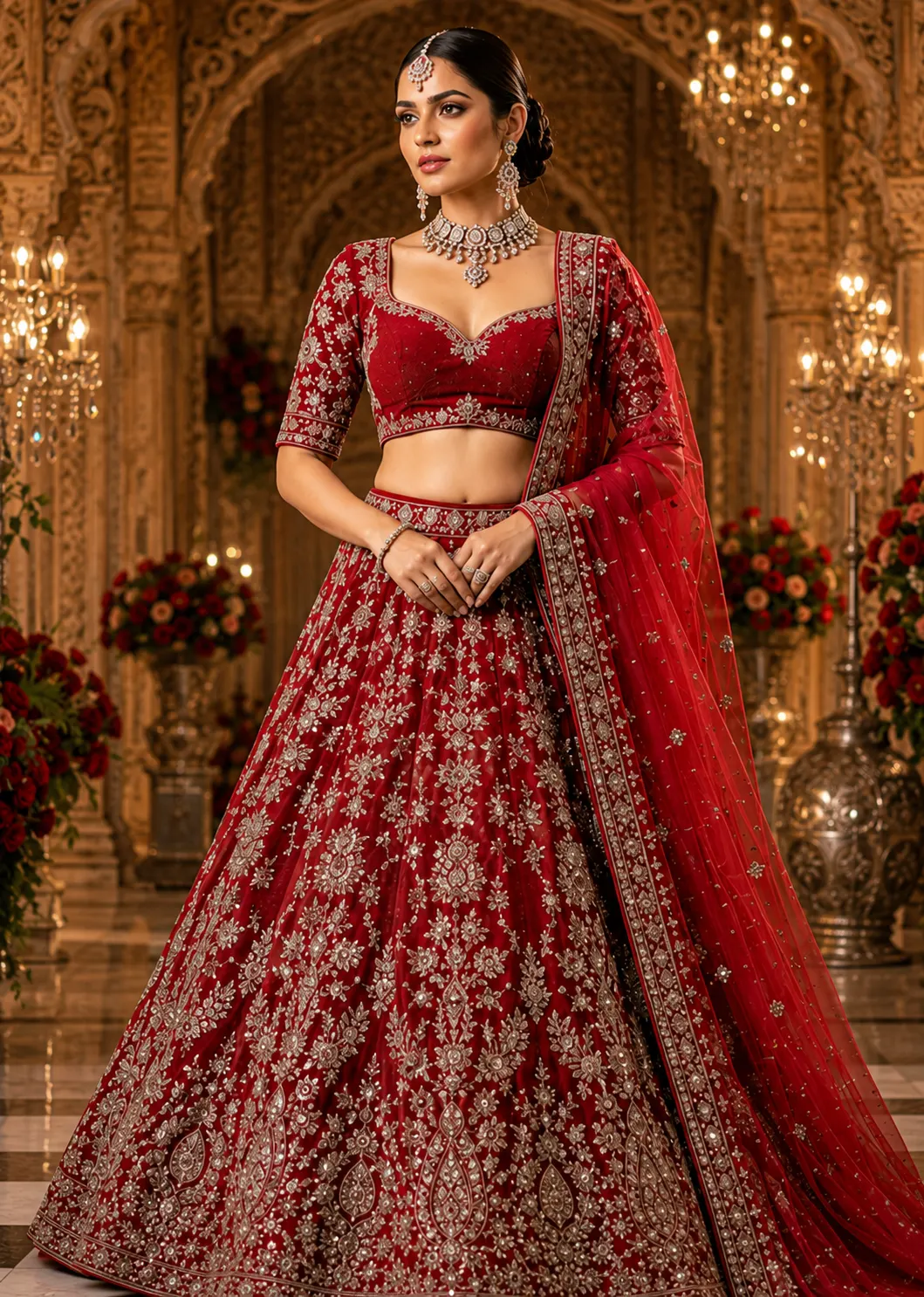 Red Silver Zariwork Raw Silk Readymade Lehenga