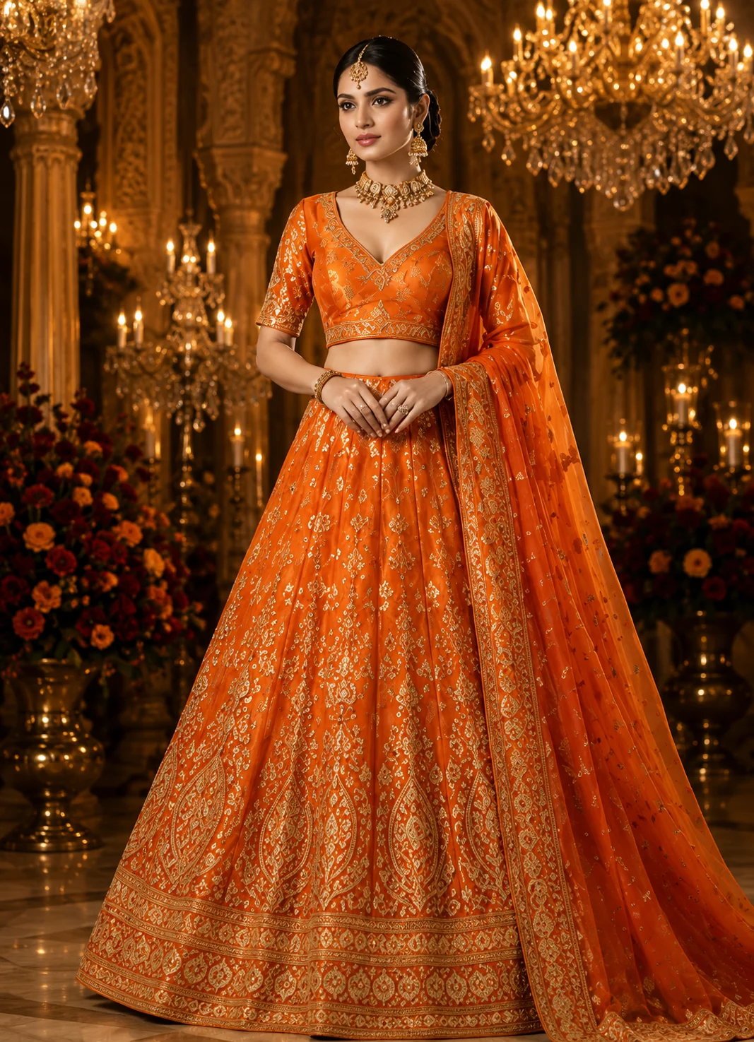 Orange Cording Banarasi Readymade Lehenga