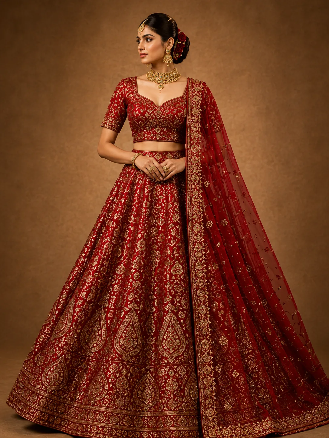Red Zardosi Brocade Readymade Lehenga