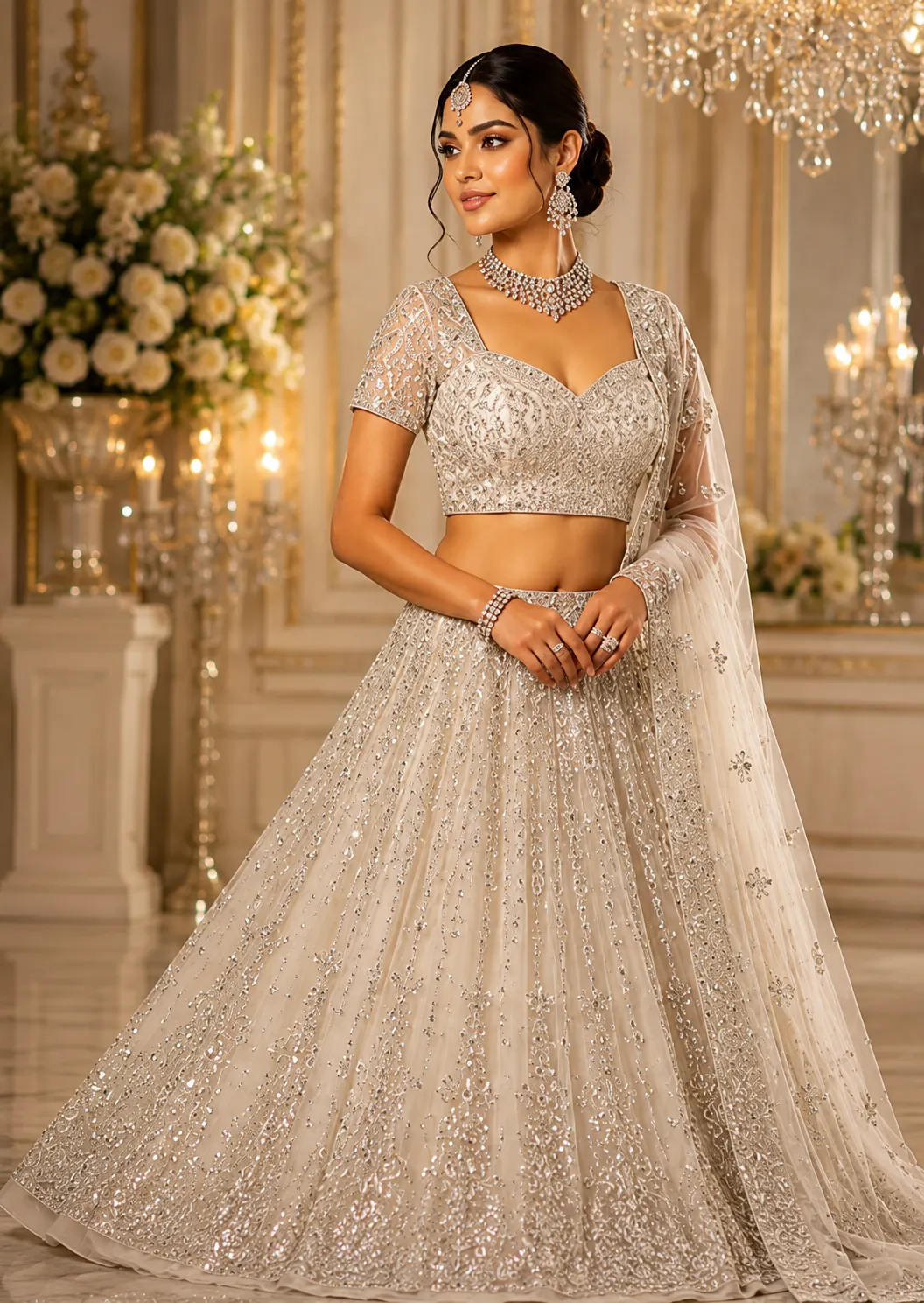 Off White Silver Stonework Net Readymade Lehenga