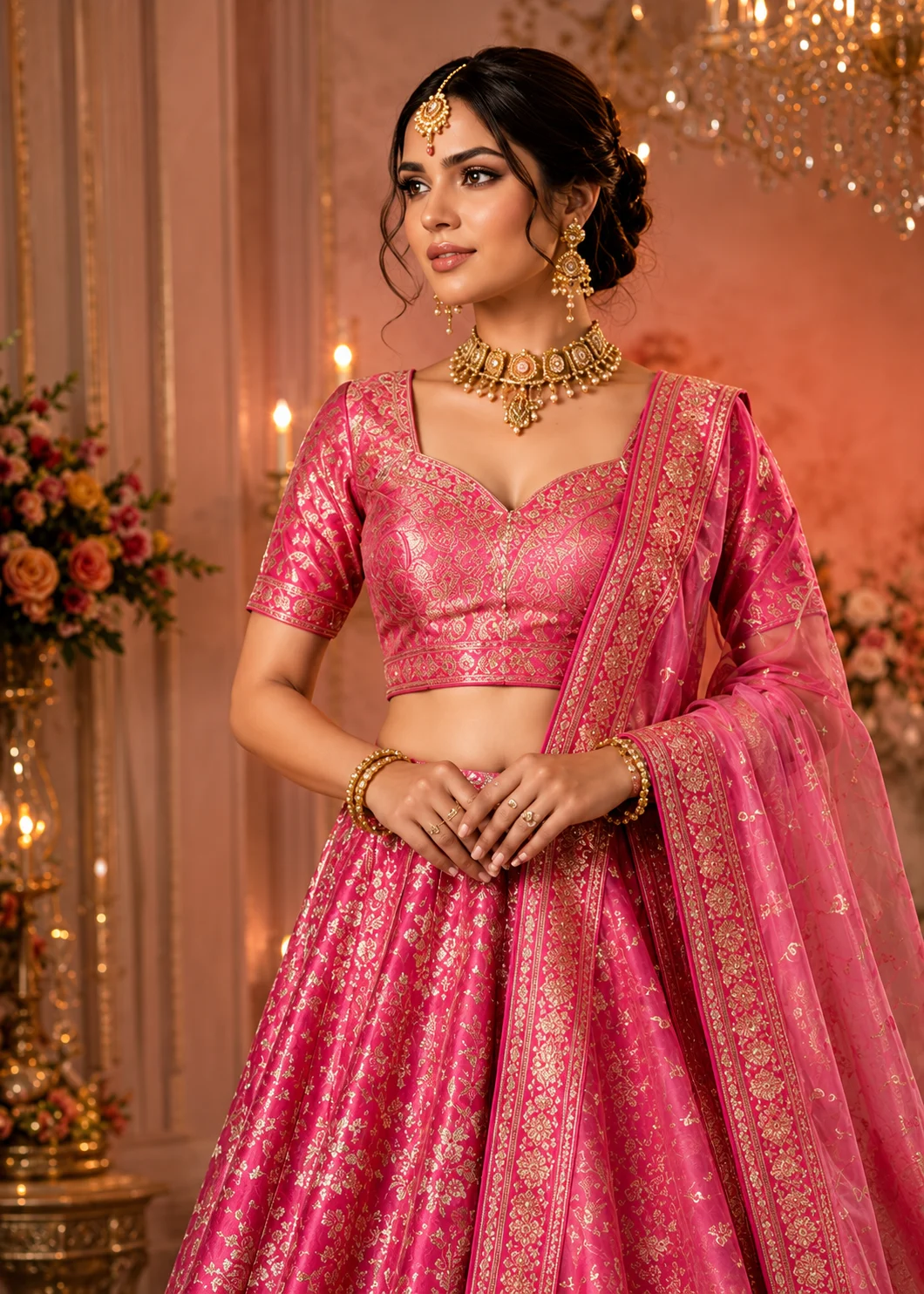 Pink Threadwork Banarasi Readymade Lehenga