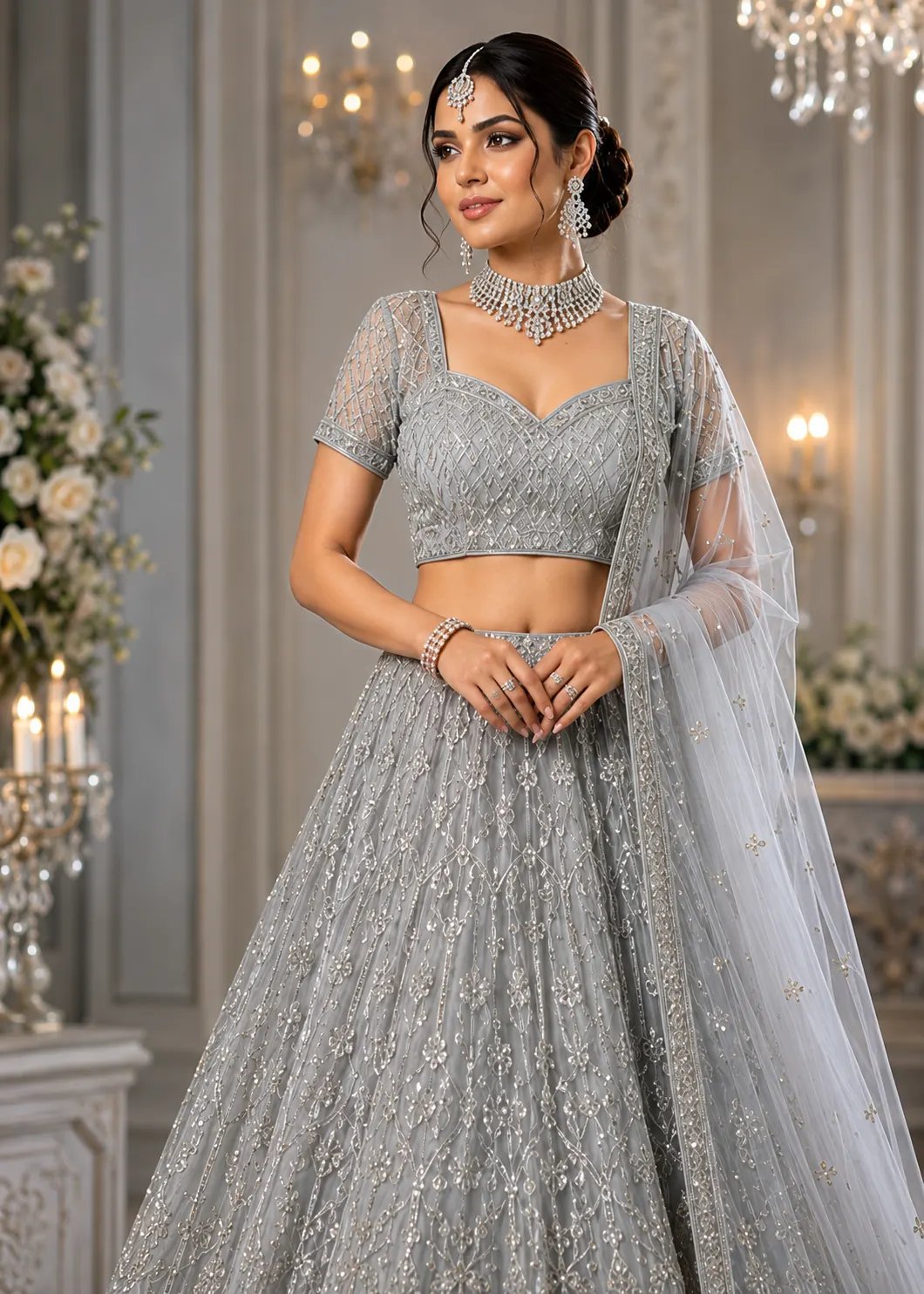 Light Grey Cording Net Readymade Lehenga