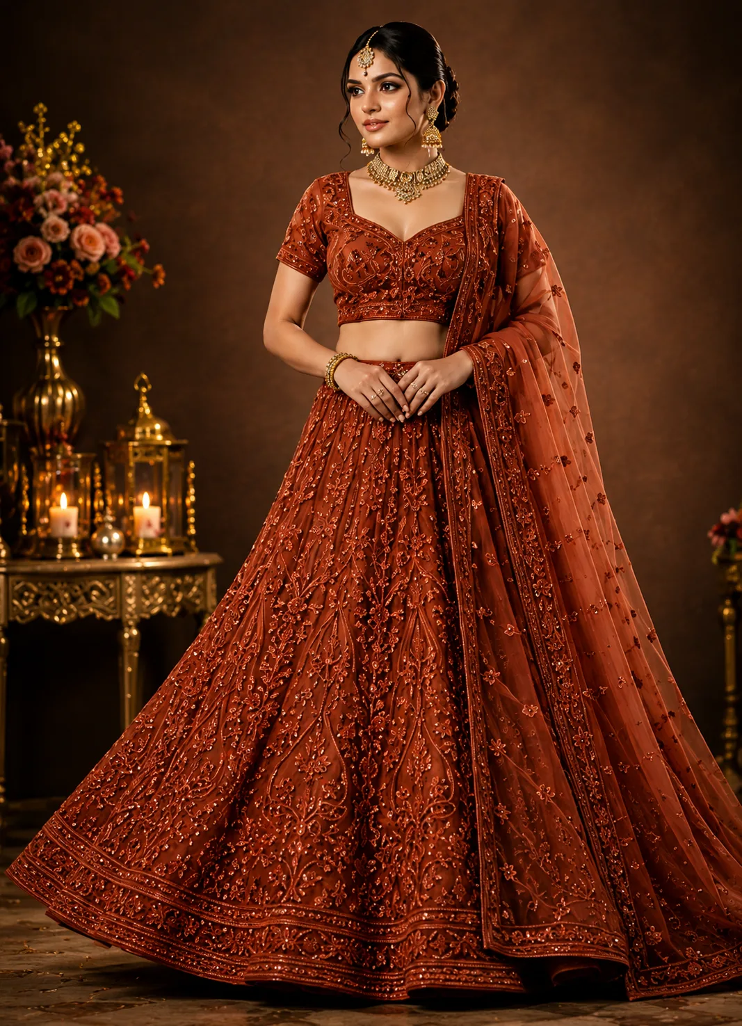 Rust Cording Georgette Readymade Lehenga
