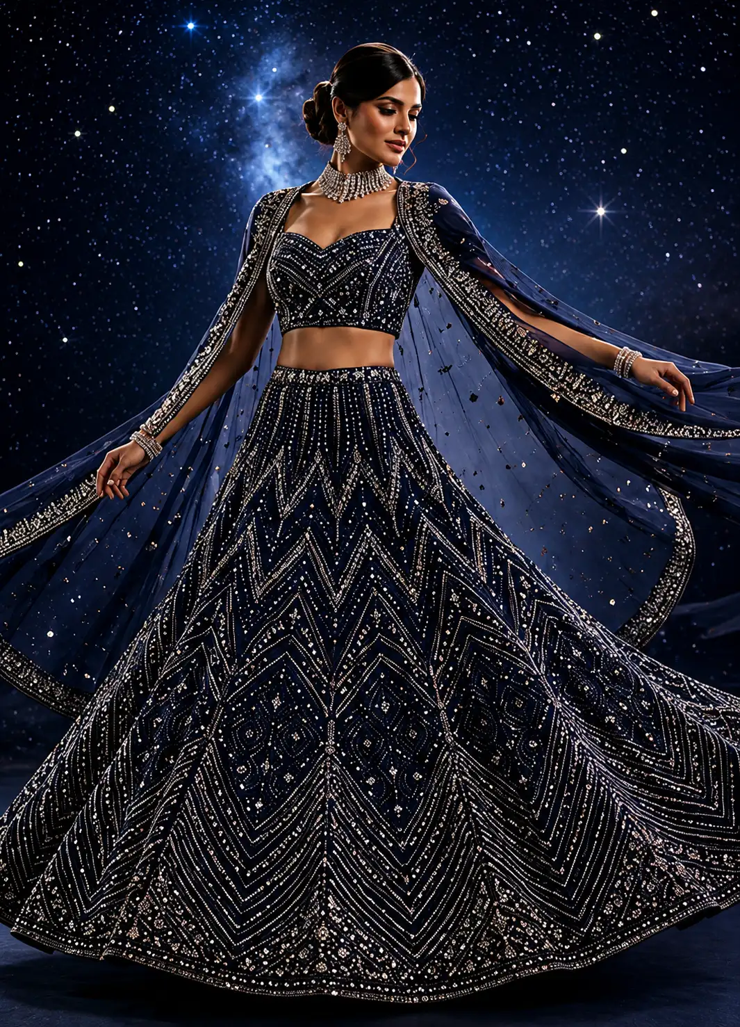 Navy Blue Silver Stonework Semi-Stitched Lehenga