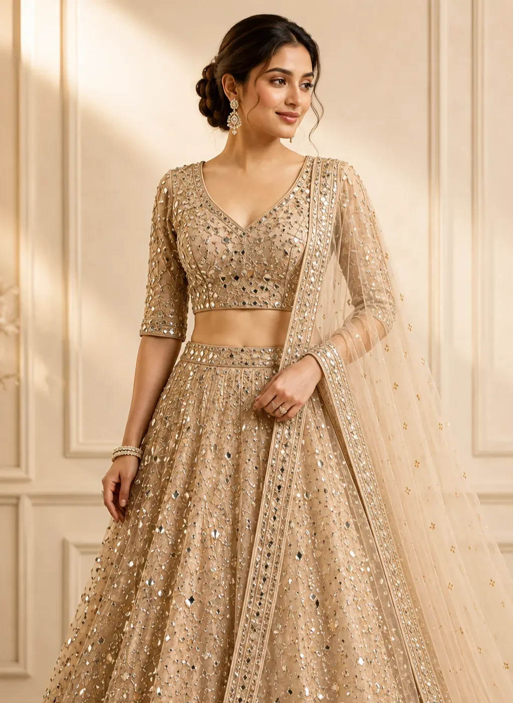 Beige Stonework Net Readymade Lehenga