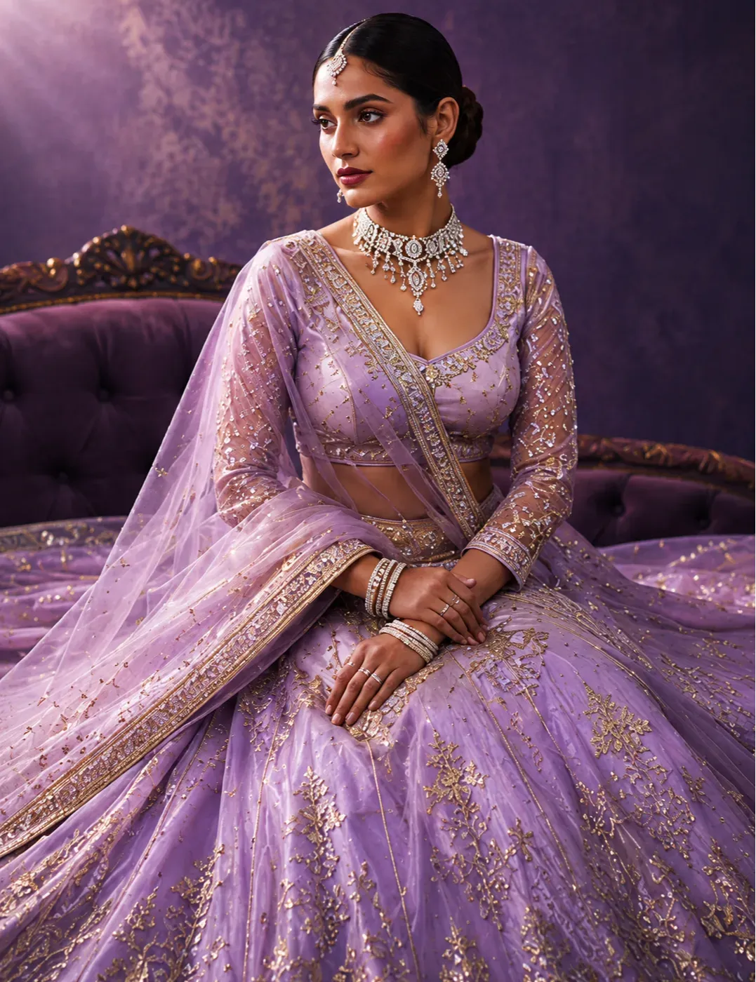 Lavender Zariwork Tissue Semi-Stitched Lehenga