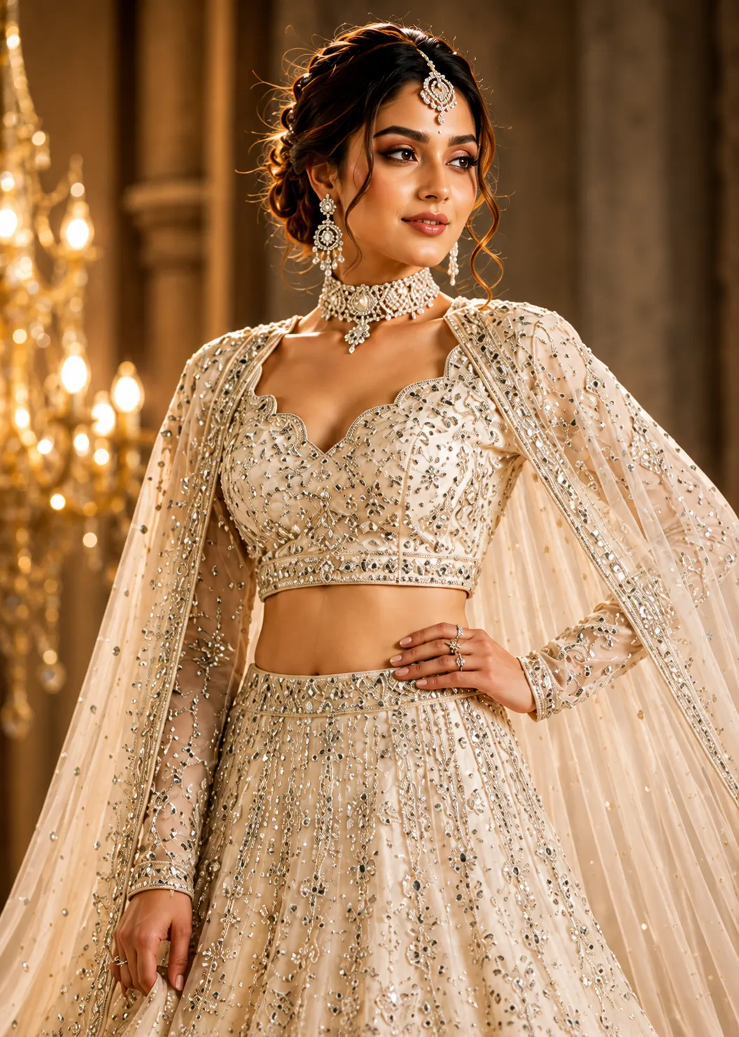 Cream Stonework Net Lehenga