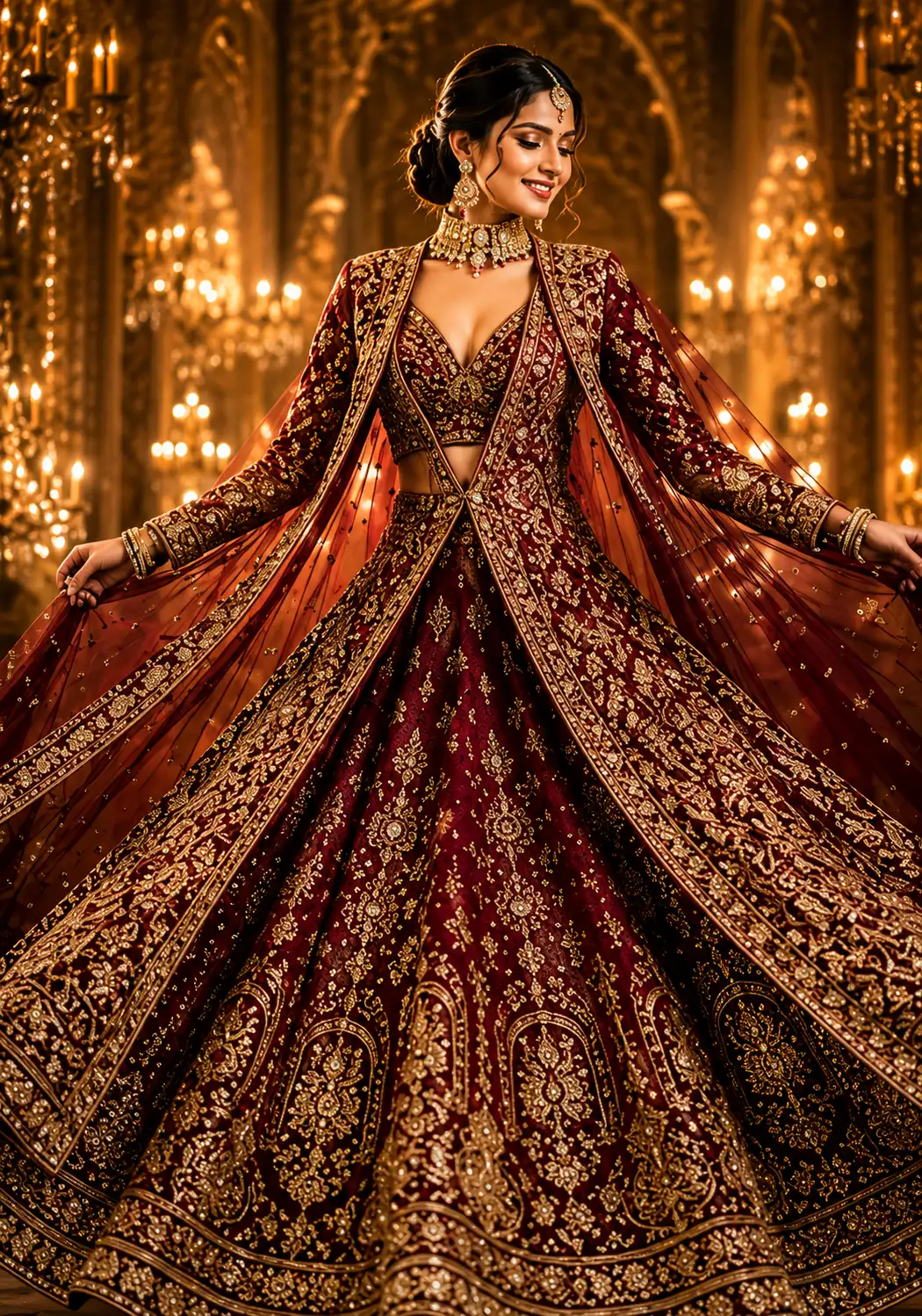 Maroon Zariwork Net Readymade Lehenga