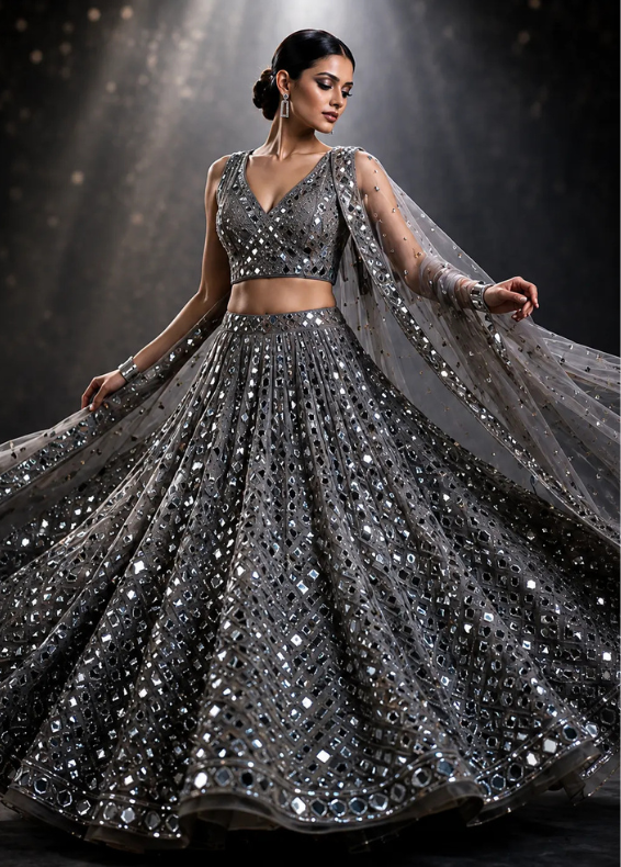 Grey Mirrorwork Net Readymade Lehenga