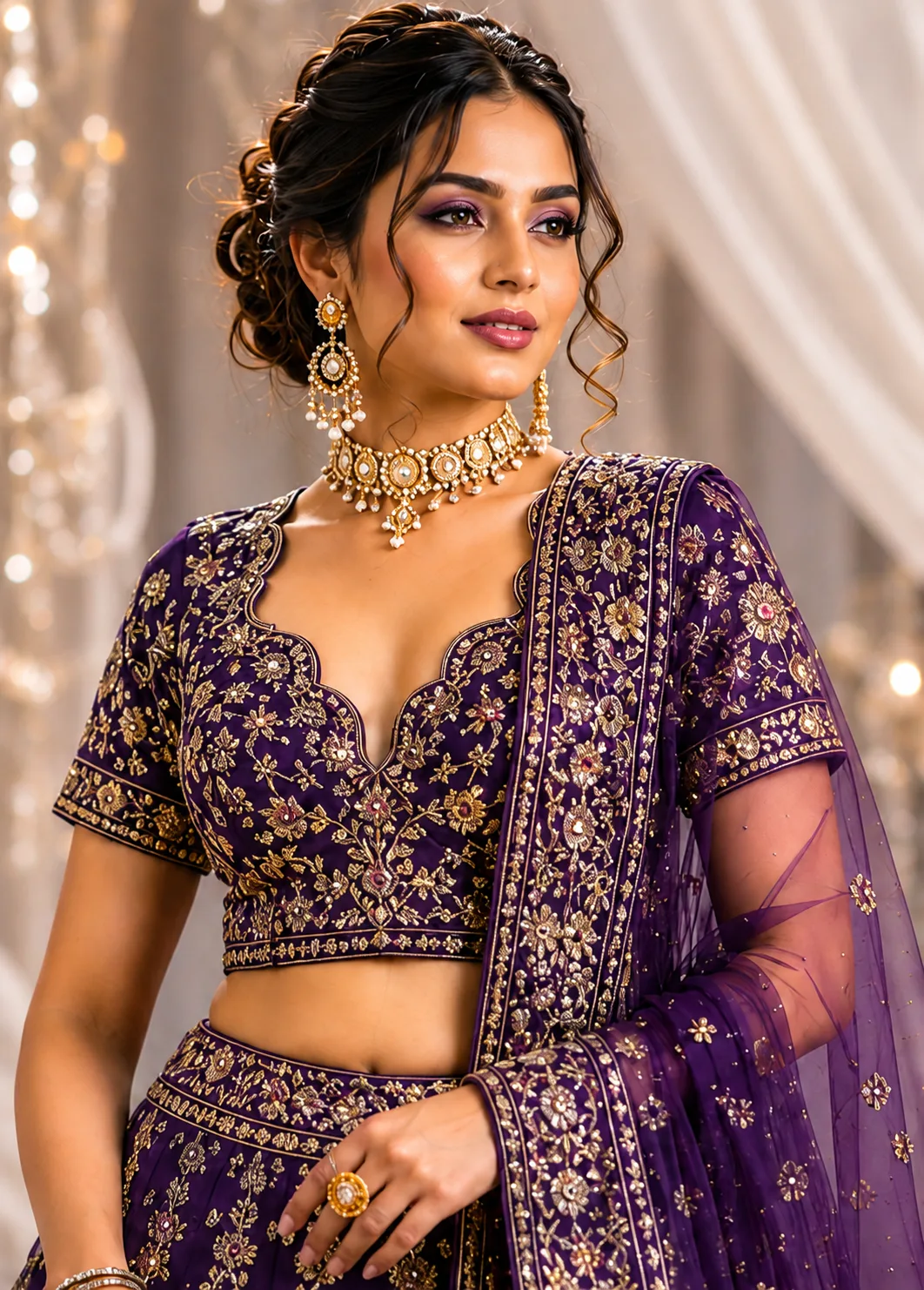 Purple Zariwork Net Semi Stitched Lehenga