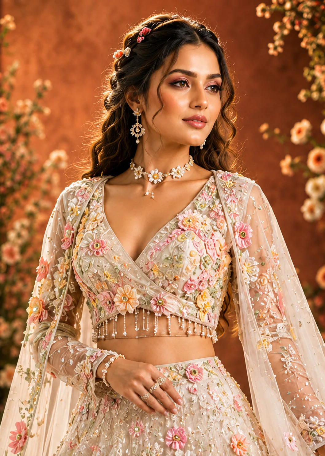 Off White Applique Net Fabric Readymade Lehenga