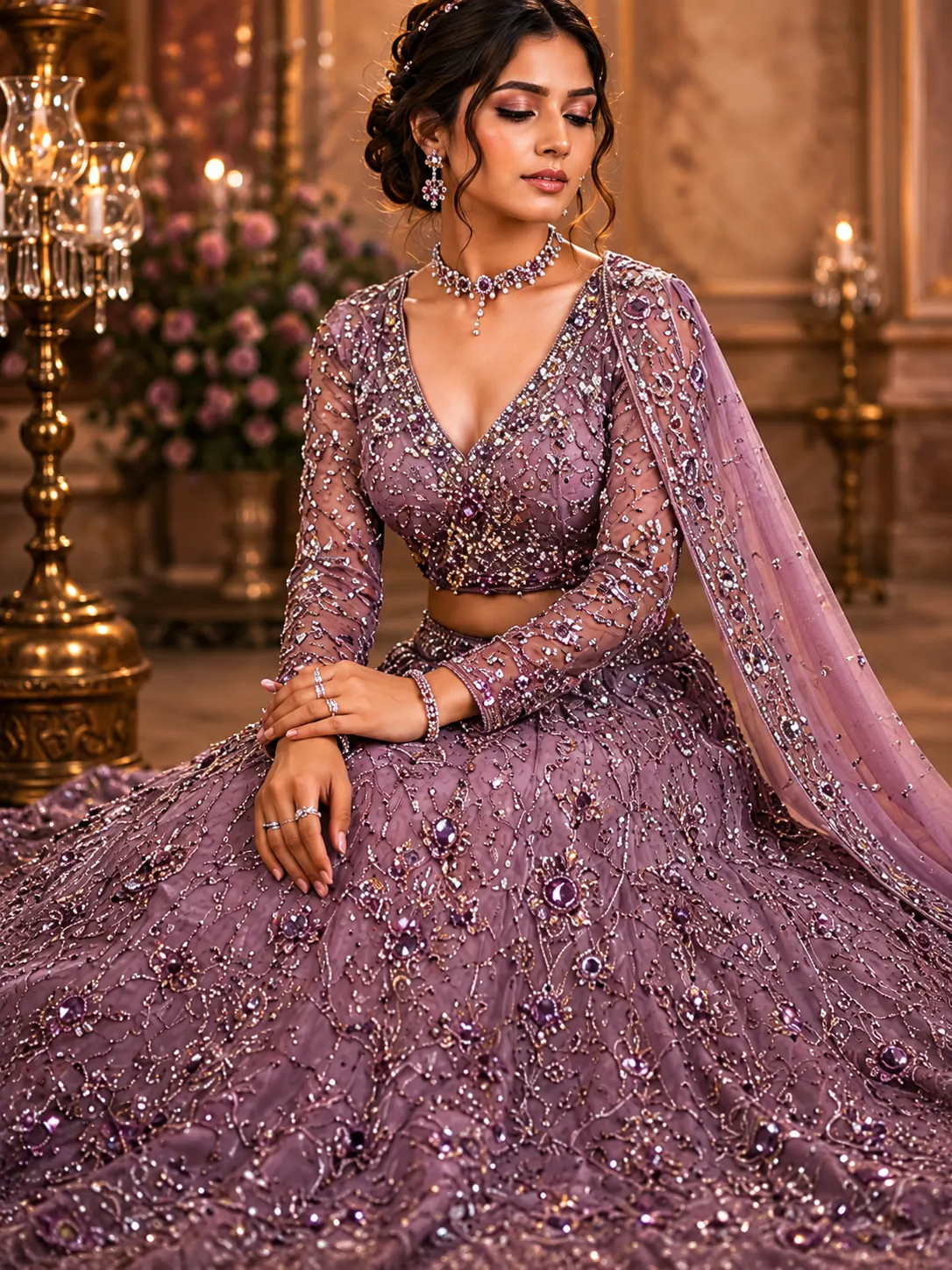 Mauve Cording Georgette Readymade Lehenga