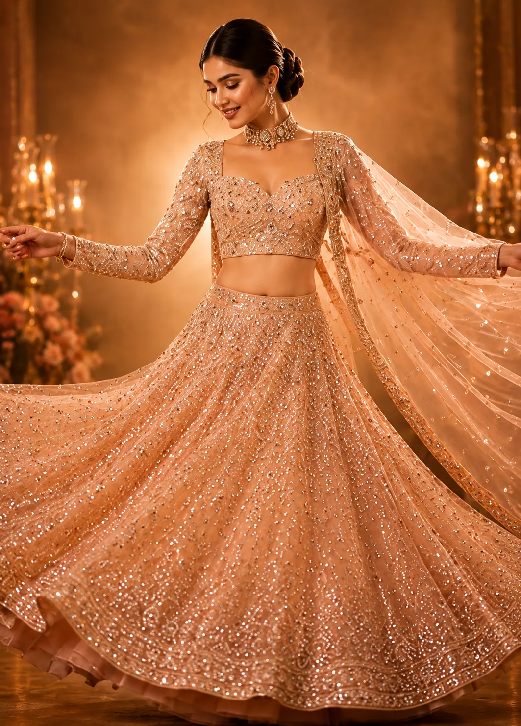 Peach Sequins Net Readymade Lehenga