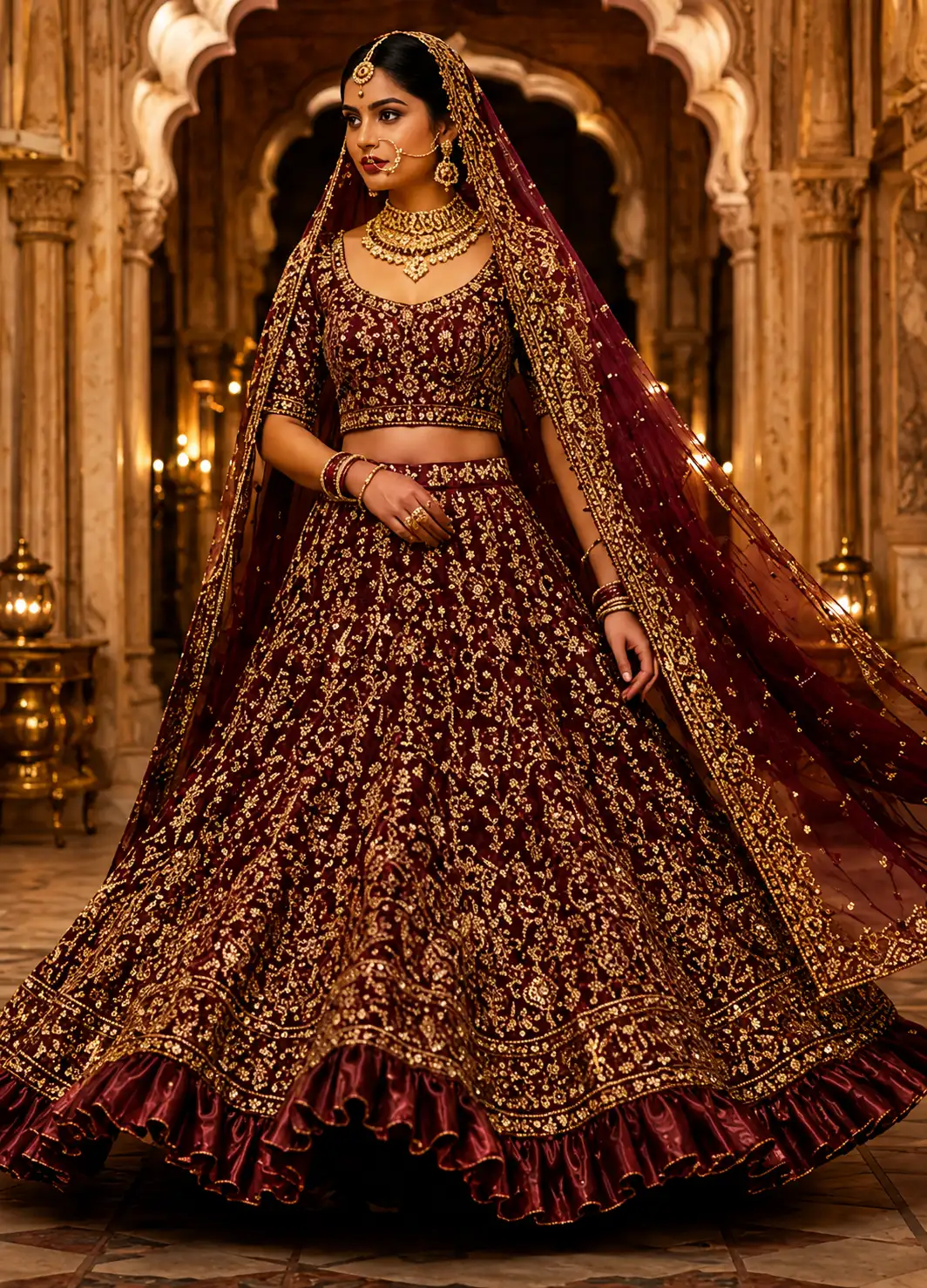 Maroon Stonework (Gold) Tissue Readymade Lehenga