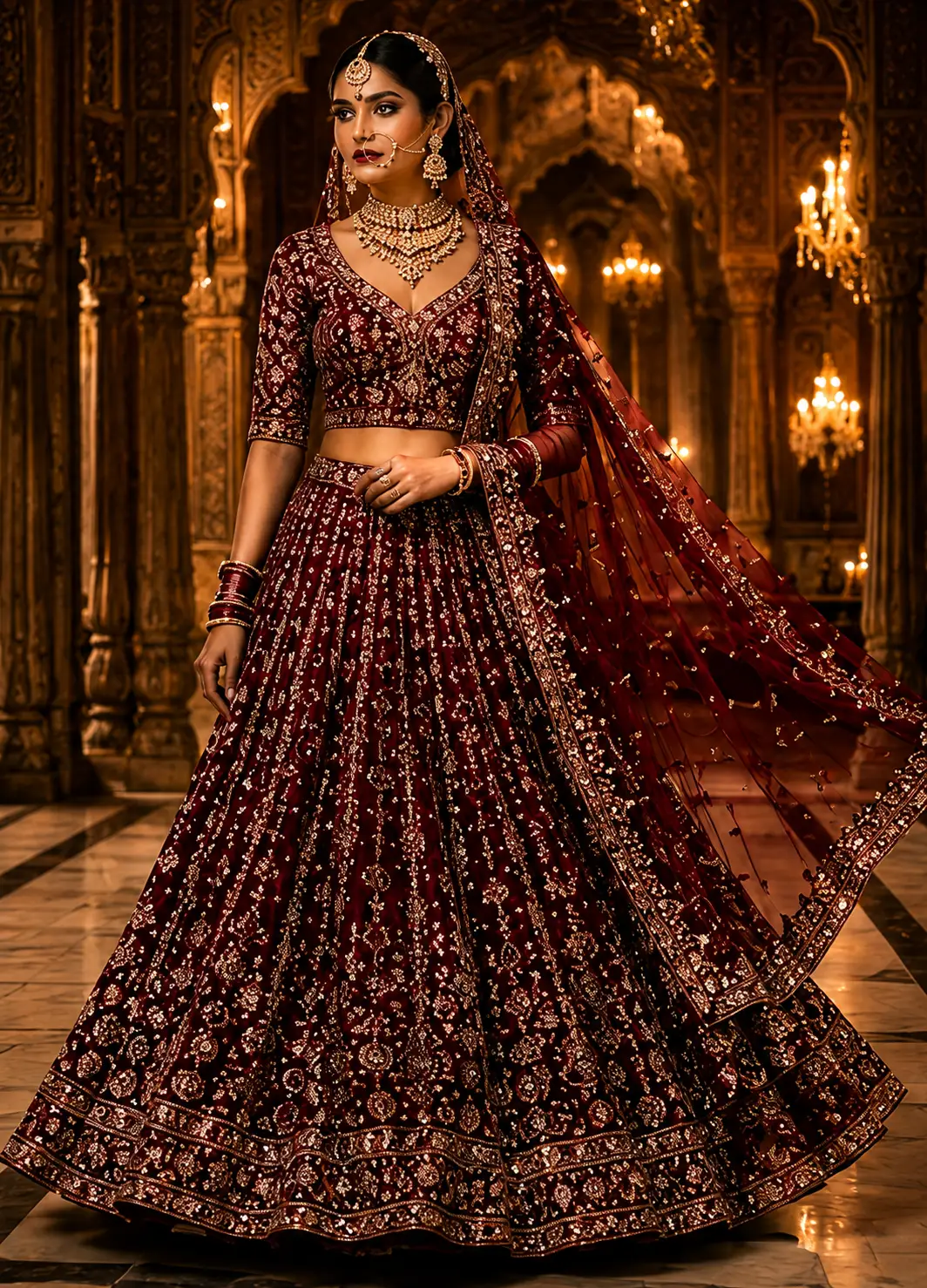 Maroon Stonework Net Readymade Lehenga