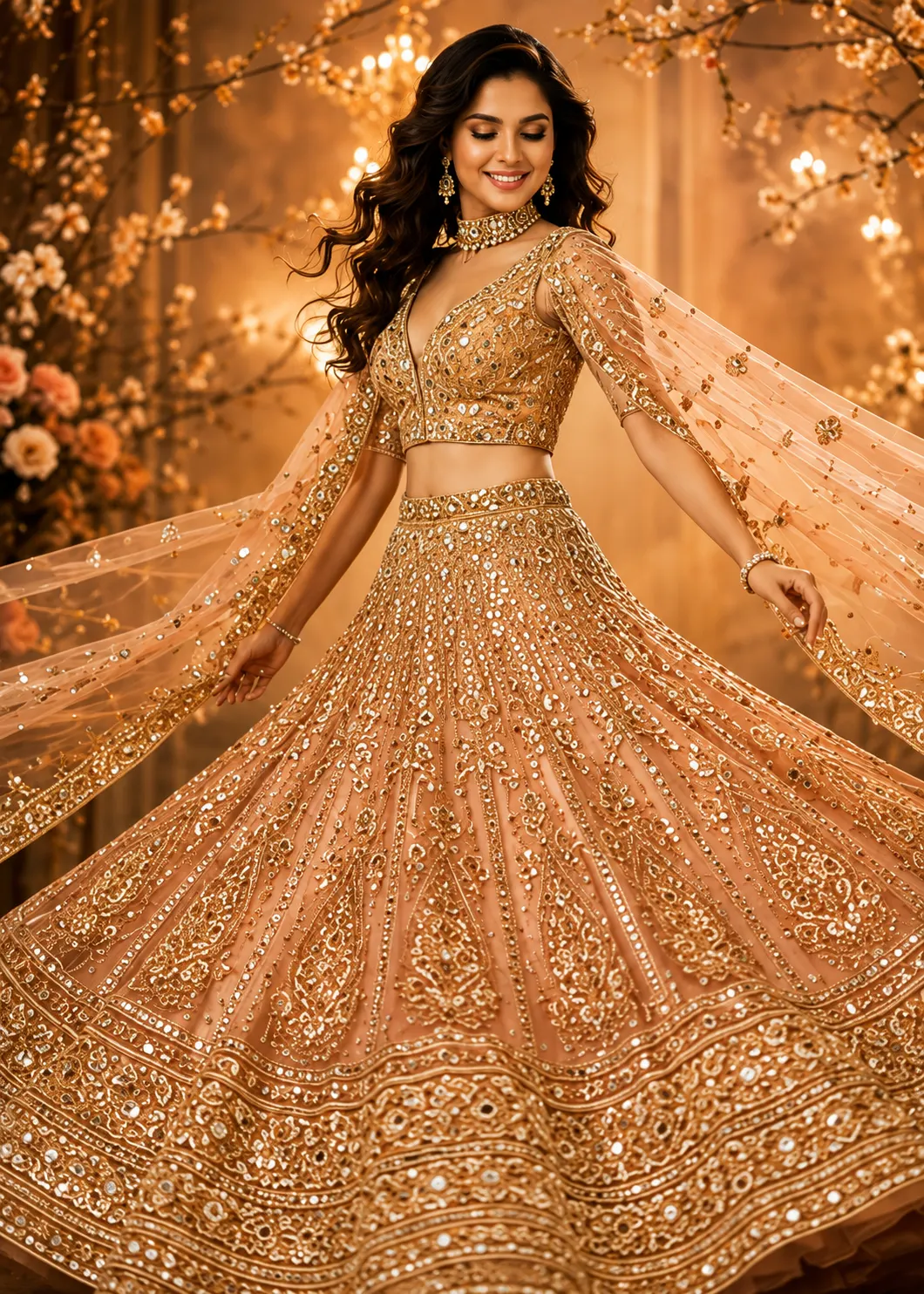 Light Peach Zariwork (Gold) Net Readymade Lehenga