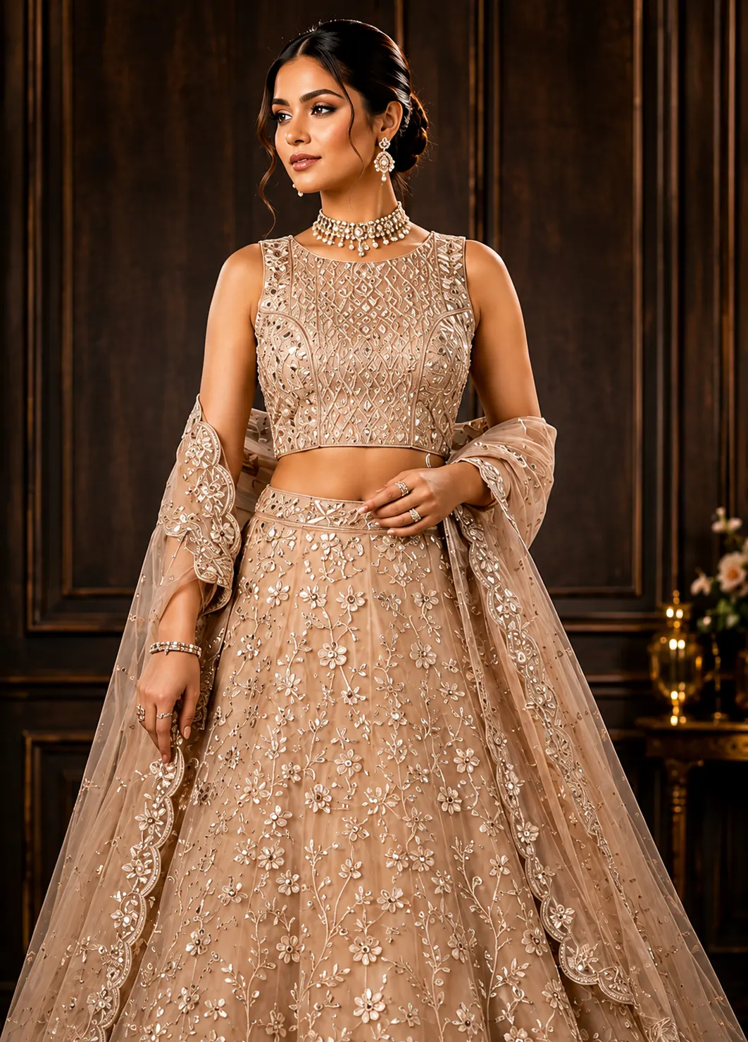 Beige Cording Net Readymade Lehenga