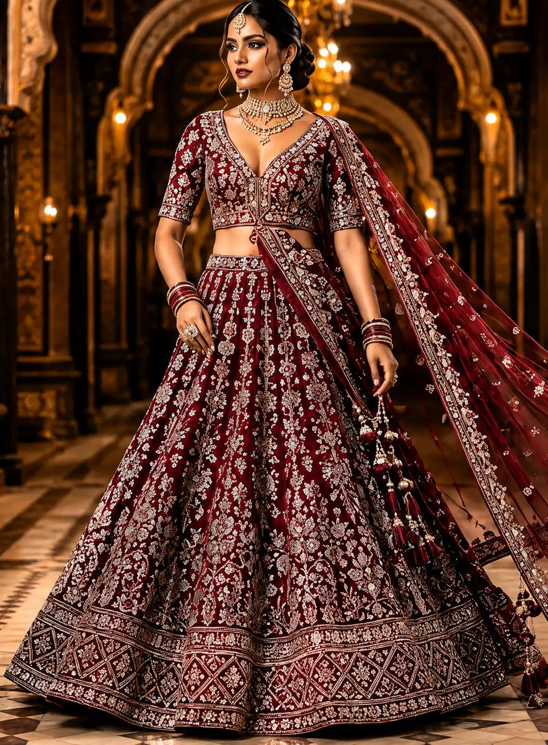 Maroon Zariwork (Silver) Banarasi Readymade Lehenga