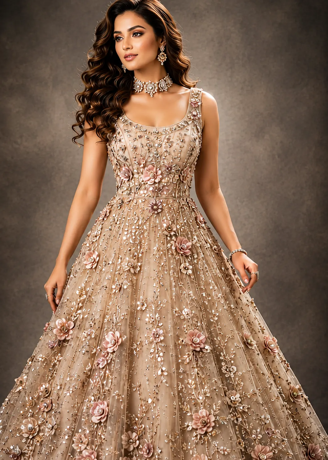 Beige Stonework Net Readymade Gown