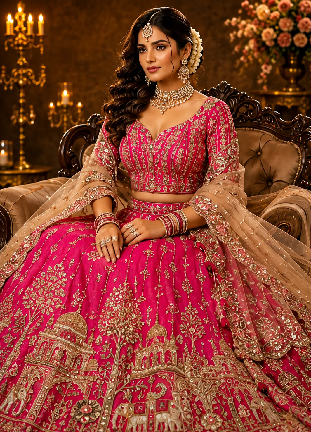 Rani Pink Zardozi (Gold) Raw Silk Semi-Stitched Lehenga