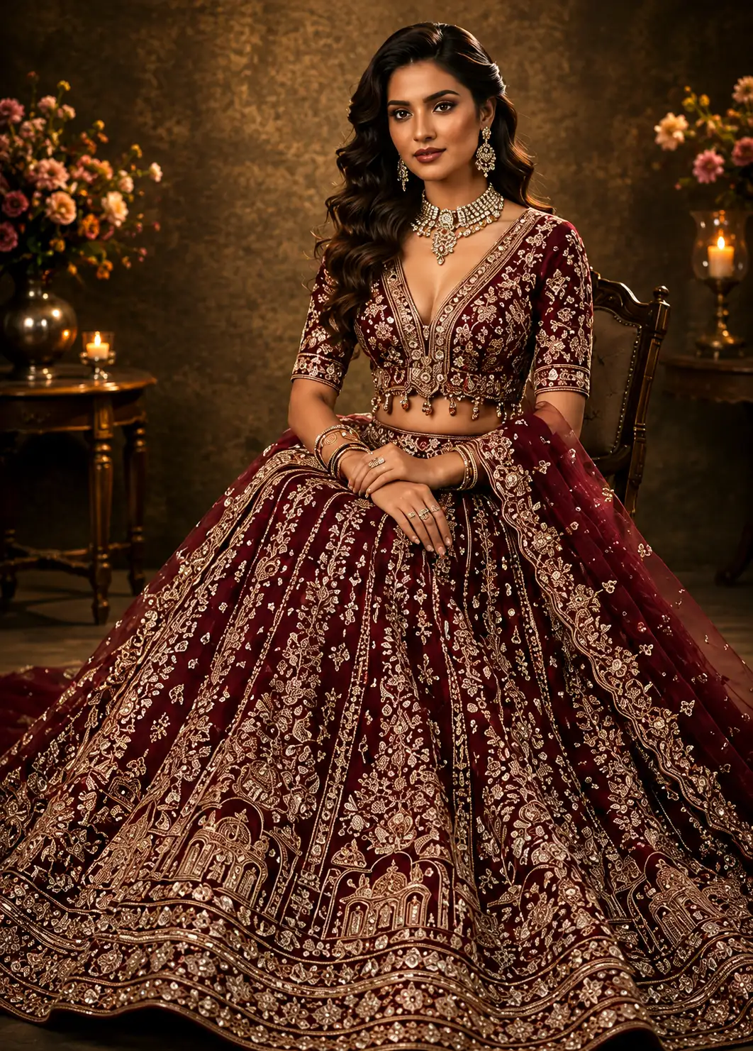 Maroon Zariwork (Gold) Net Readymade Lehenga