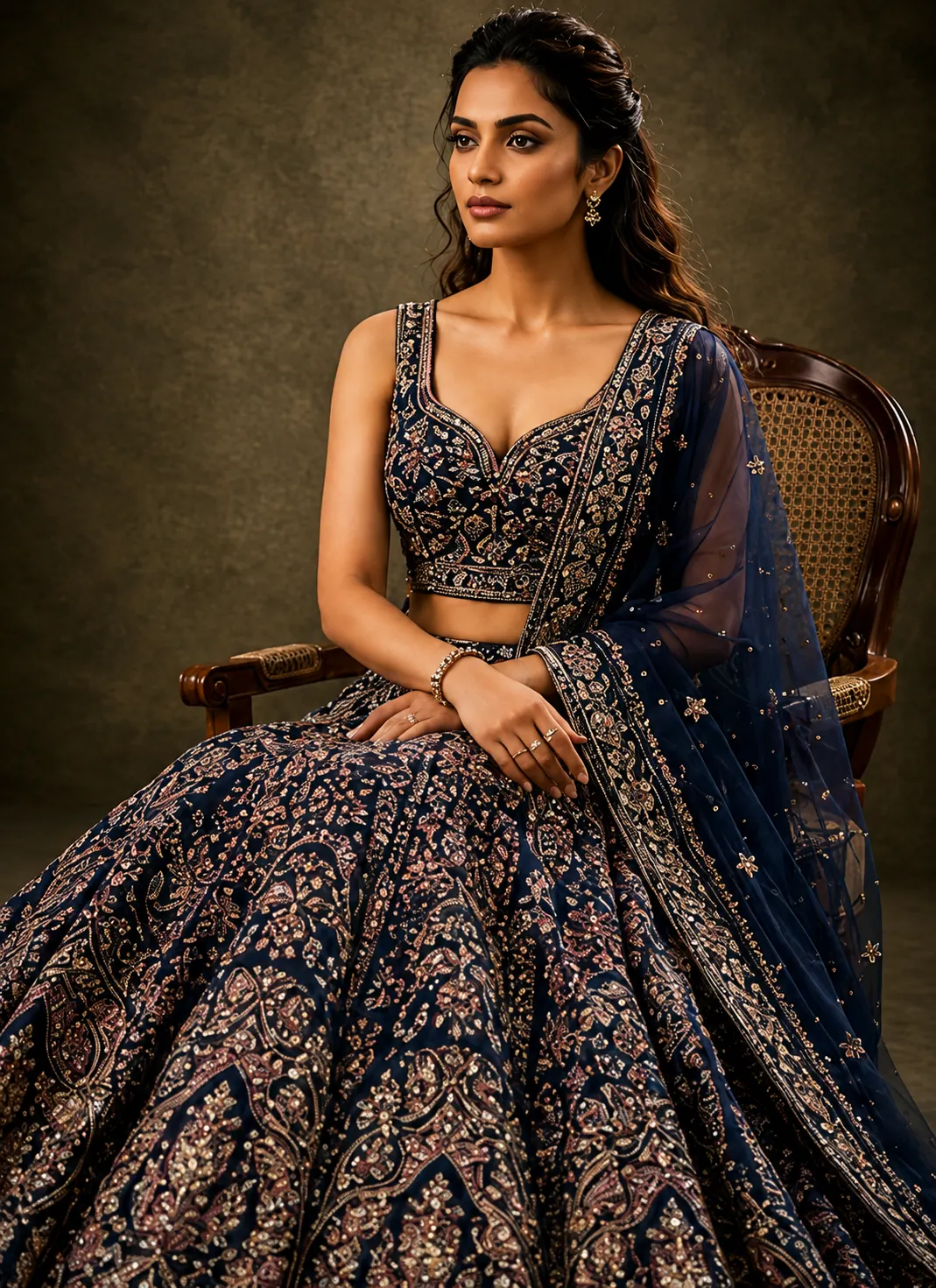 Peacock Blue Threadwork Net Readymade Lehenga