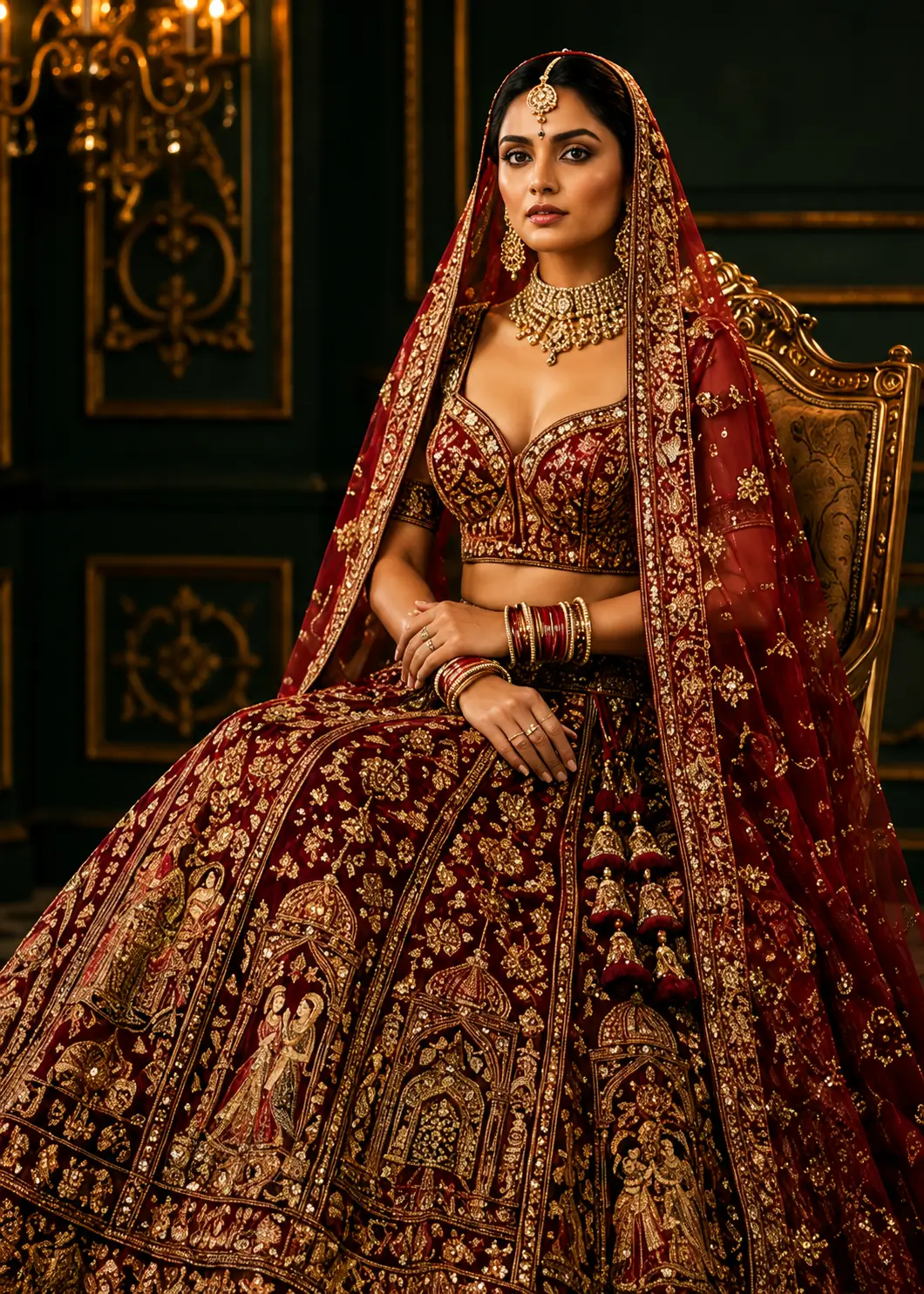 Cherry Red Silk Reception Lehenga with Sweet Heart Neck Blouse