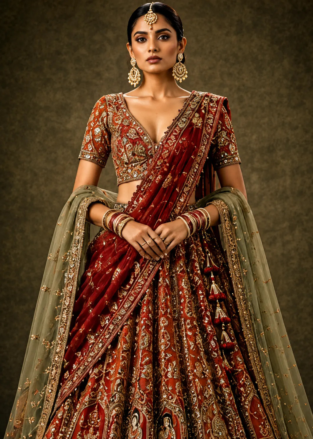 Rust Orange Sequins Embroidered Raw Silk Bridal Lehenga