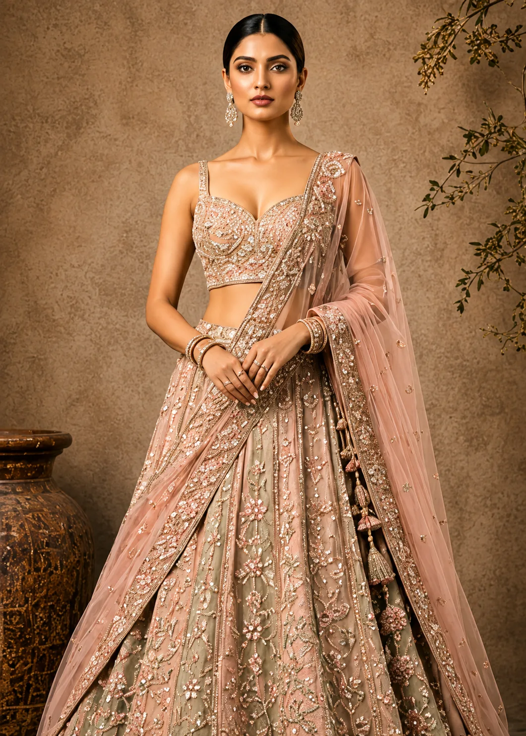 Cream and Green Ombre Silk Bridal Lehenga