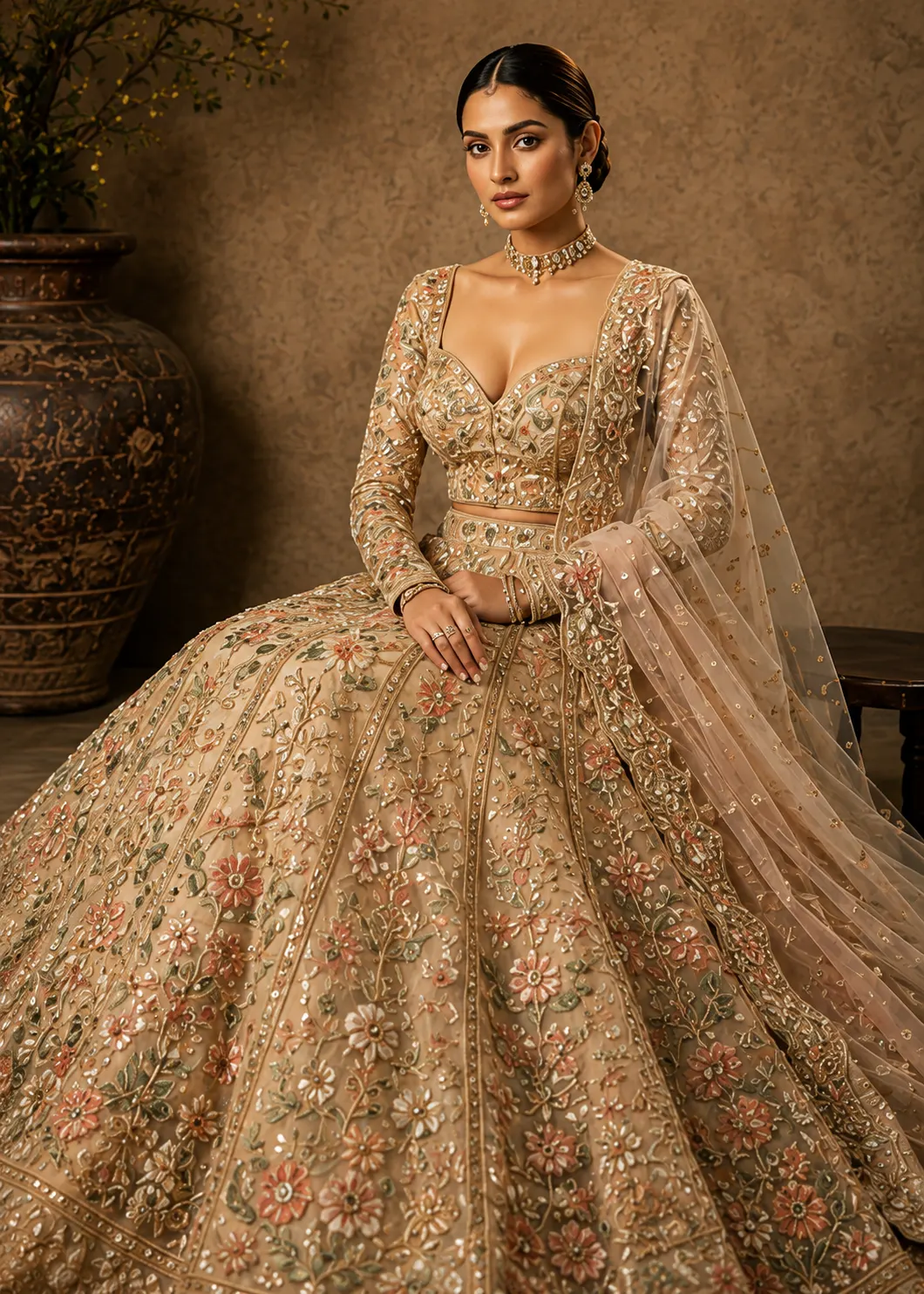 Beige Sequins Embroidered Net Reception Lehenga with Full Sleeve Blouse-JK2858