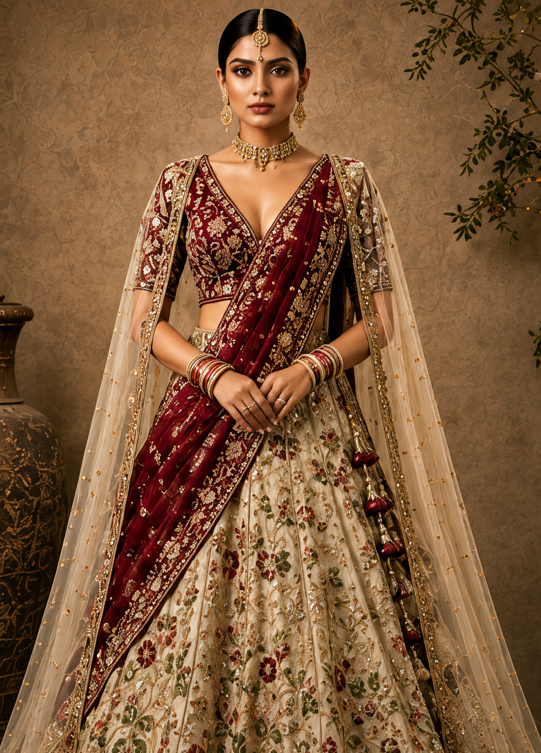 Ivory Resham Embroidered Silk Wedding Lehenga with Double Dupatta