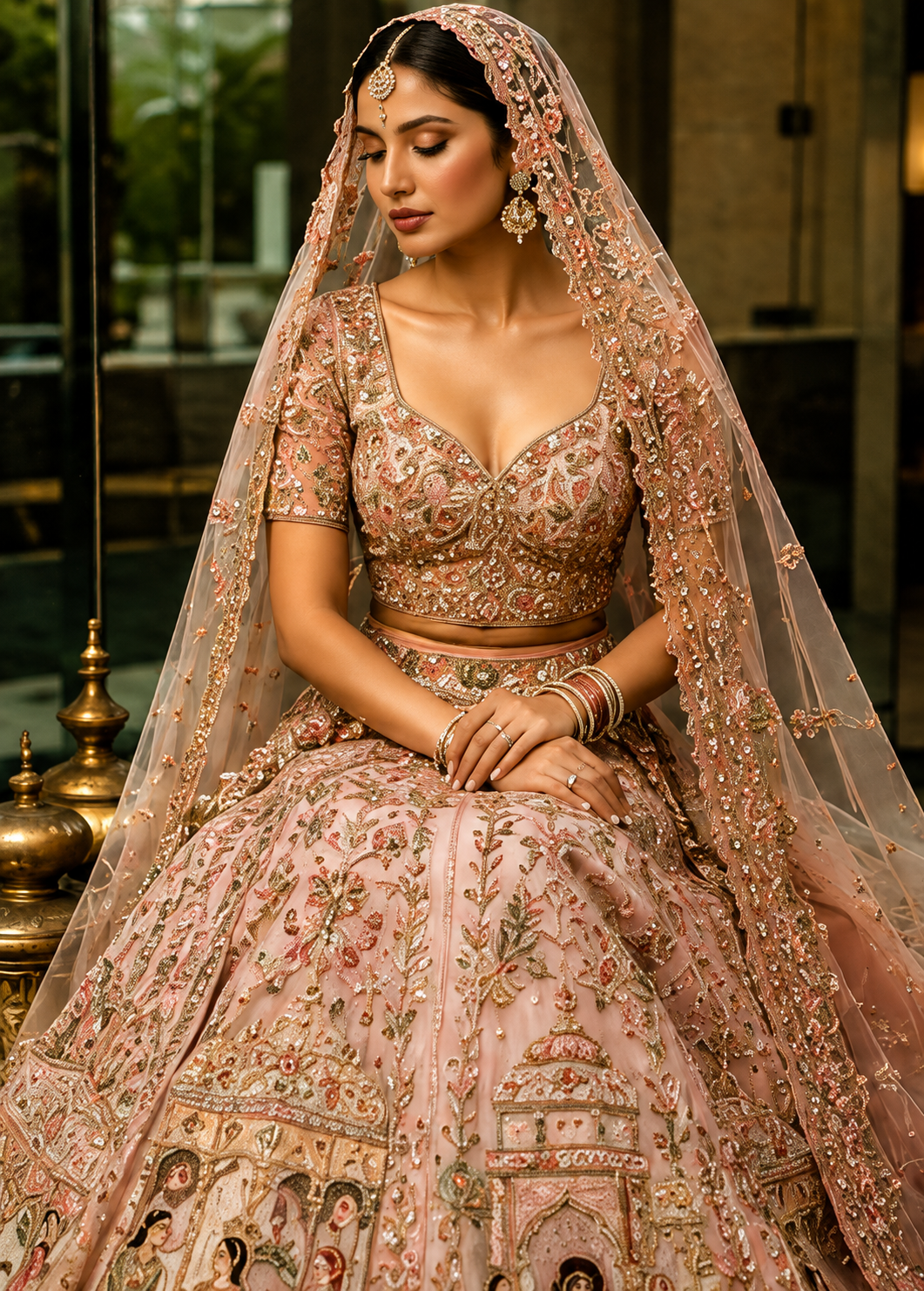 Baby Pink Umbrella Style Silk Bridal Lehenga with Plunged Neck Blouse