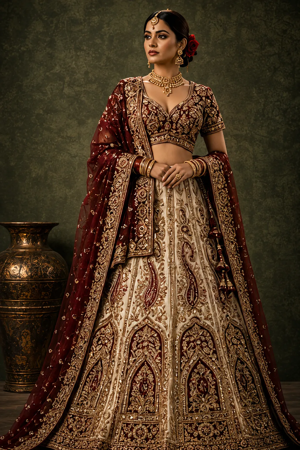 Beige Umbrella Style Silk Bridal Lehenga with Leaf Neck Blouse