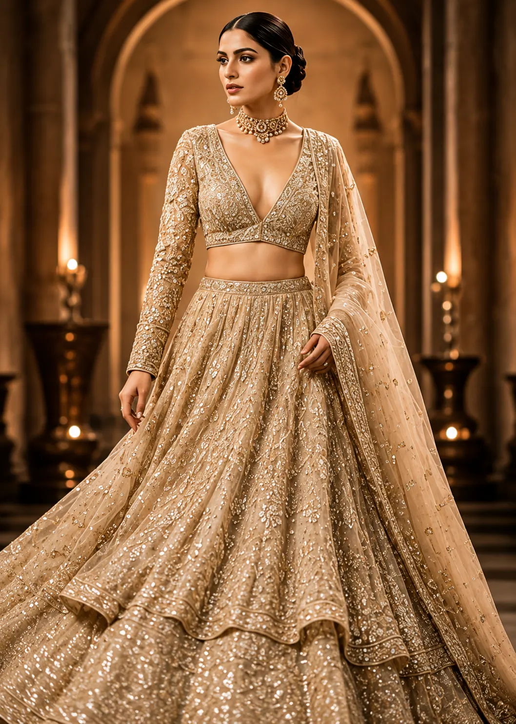Beige Net Engagement Lehenga with Embroidered Full Sleeve Blouse