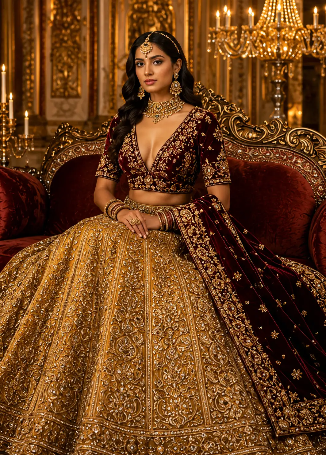Gold Panel Style Velvet Bridal Lehenga with Elbow Sleeve Blouse